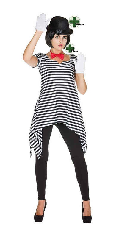 Karneval-Klamotten Kostüm Pantomime Ringel Tunika MIT Melone und MIT Fliege, Kostüm schwarz weißes Ringel Shirt Mime Clown Harlekin