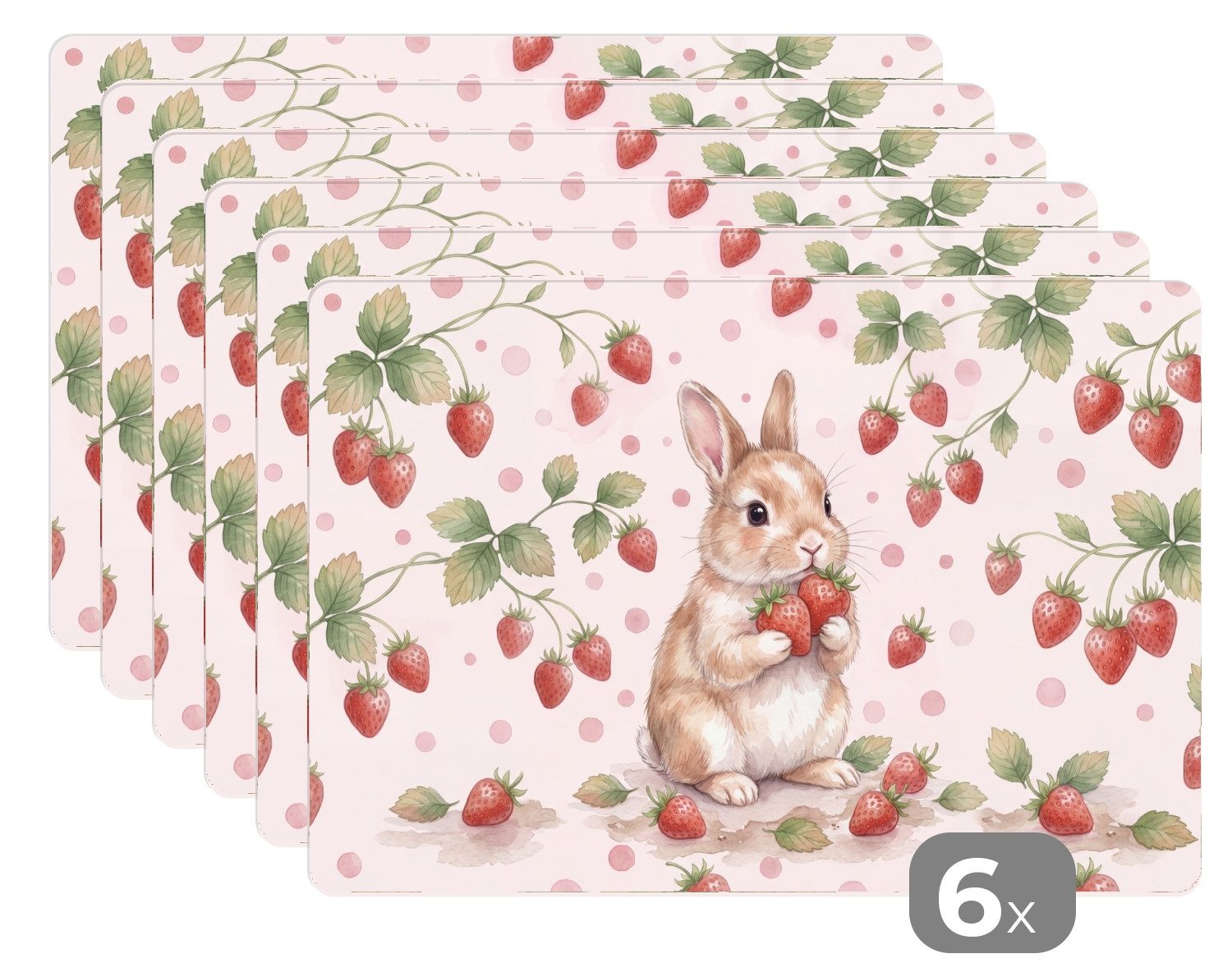 MuchoWow Platzset Hase - Erdbeere - Rosa - Rot, (6-St), Platzsets, Tischset, Abwaschbar, Tischsets, Platzdeckchen
