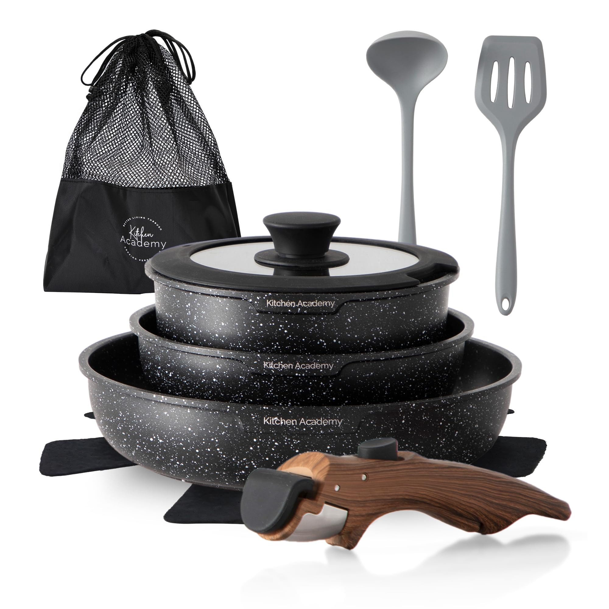 Kitchen Academy Pfannen-Set, (10-tlg, Pfanne 20cm/25cm, Stielkasserolle mit Deckel 18 cm, 2 Silikonspatel), Pfannenset mit abnehmbaren Griffen Töpfe und Pfannen Set mit Deckel