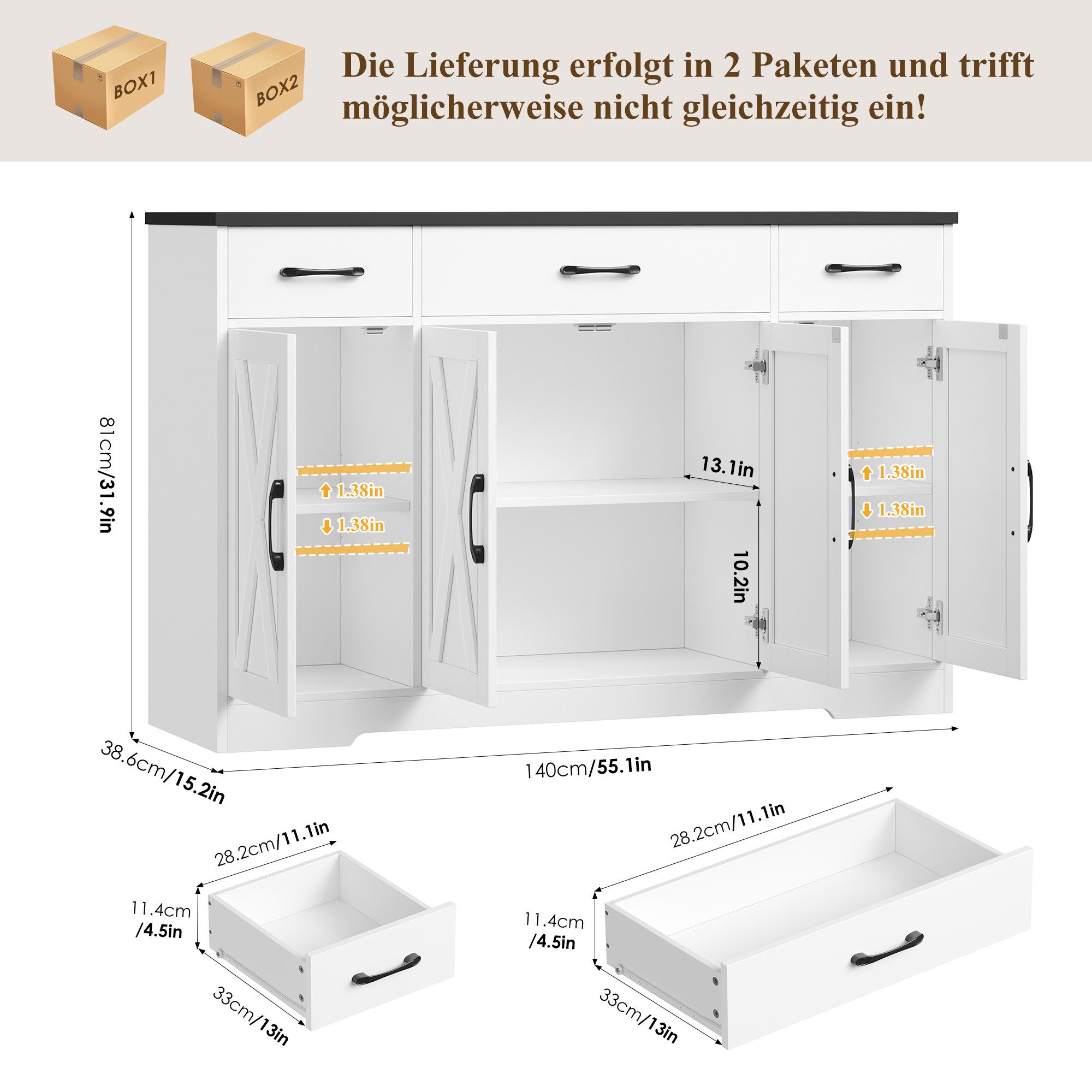 HOMECHO Sideboard, 140cm Breite Küchenschrank 3 Schubladen 4 Türen, Verstellbaren Regalen