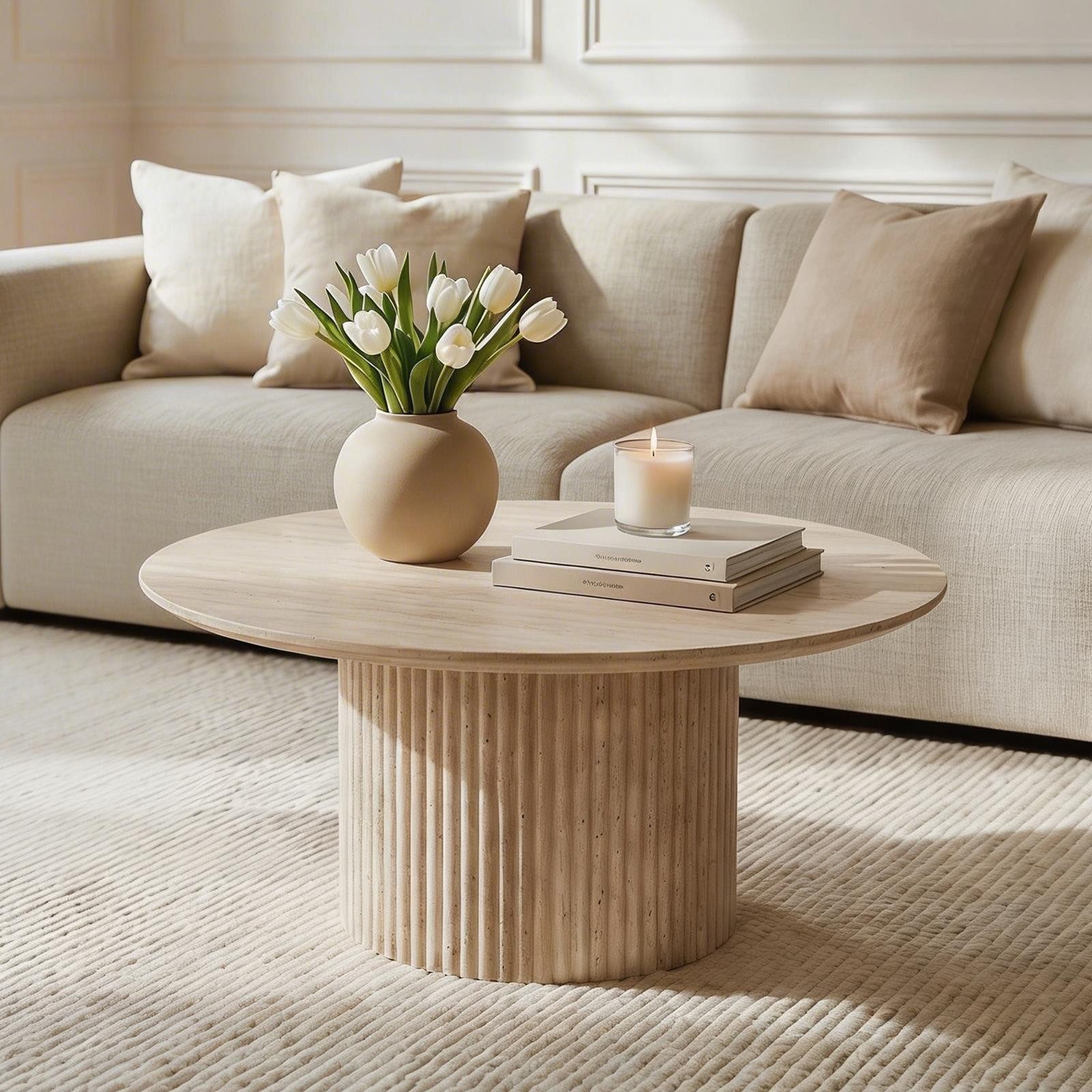 IDIMEX Couchtisch TEBUR, Beistelltisch rund 80cm in Travertinoptik mit geriffeltem Design Beige