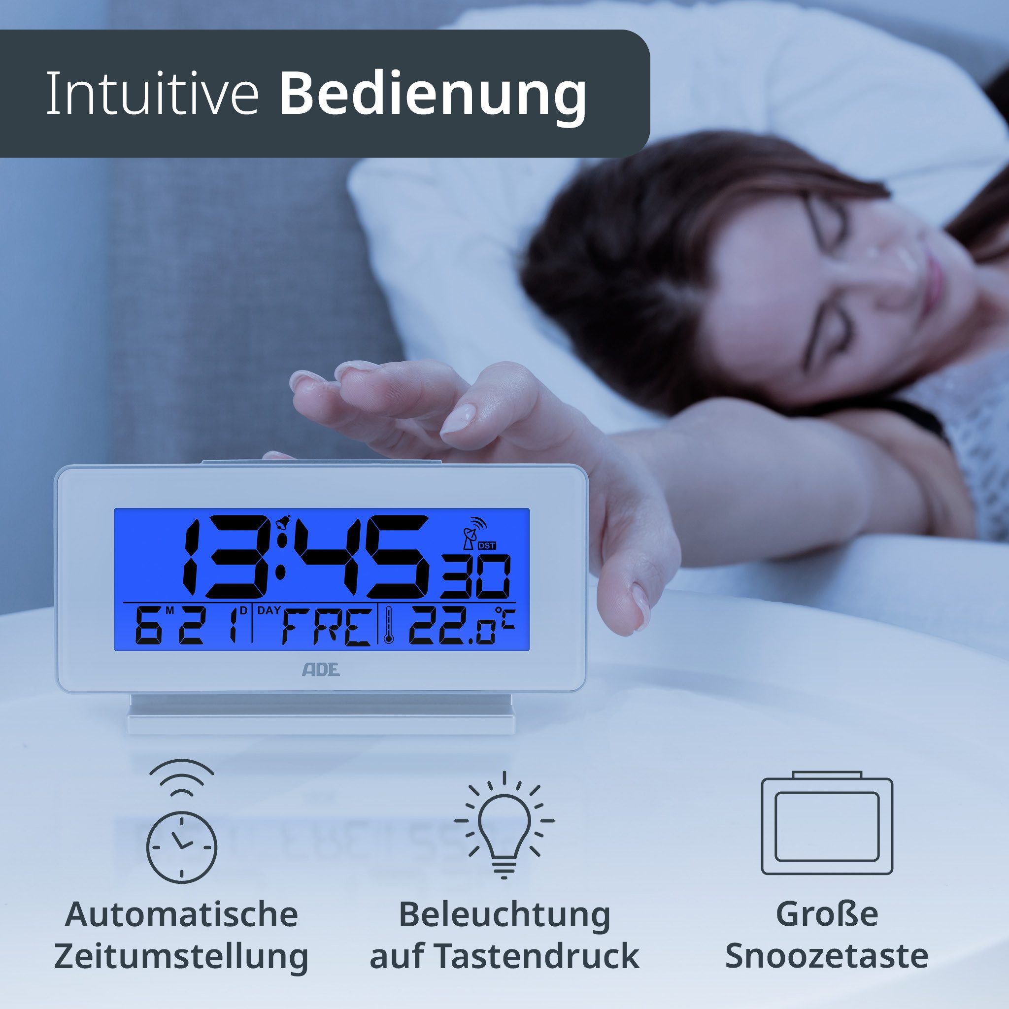 ADE Funktischuhr Digitaler Wecker mit Beleuchtung, ohne Ticken mit Wochentag- und Temperaturanzeige und Weckfunktion, leicht ablesbar – Bild 5 von 5