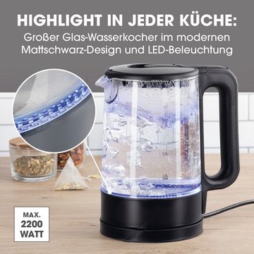 GOURMETmaxx Wasserkocher Glas LED-Beleuchtung 1,7L schwarz matt, 2200 W, 360° drehbar mit Abschaltfunktion & Kalkfilter