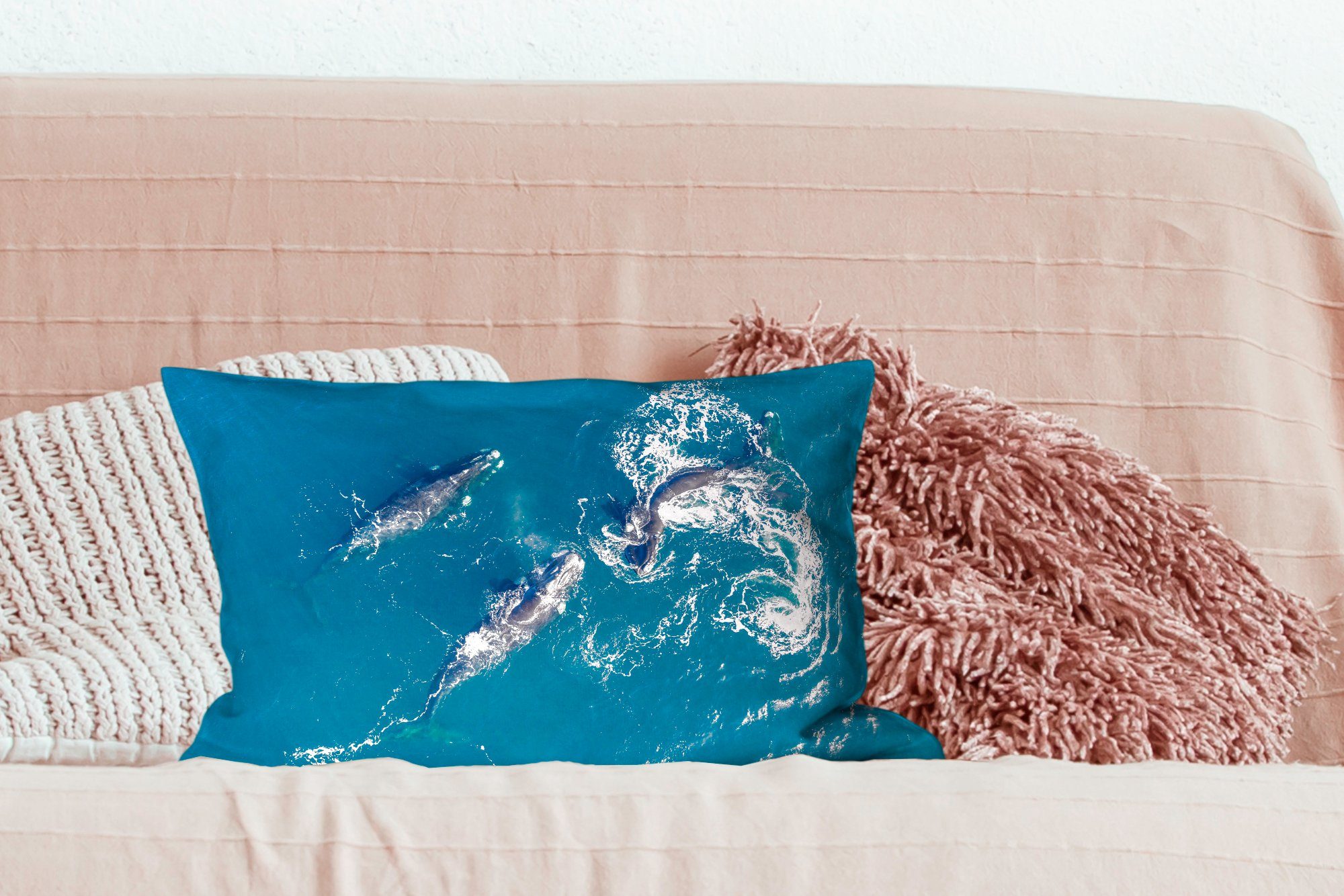 MuchoWow Dekokissen Wale Schlafzimmer - Meer, Wohzimmer Zierkissen, mit Blau Füllung, Dekoration, - Dekokissen
