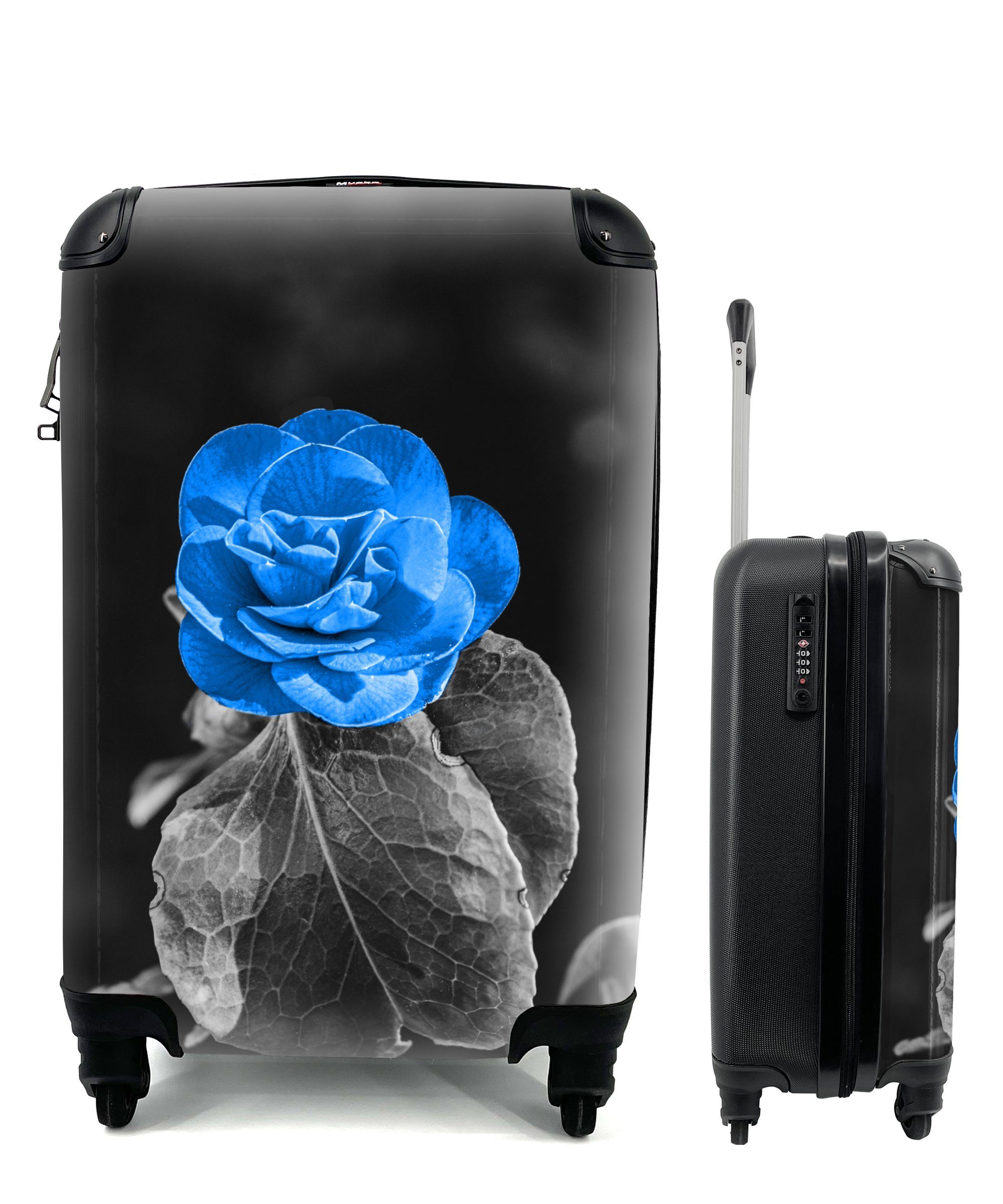 MuchoWow Handgepäckkoffer Blumen - Rose - Schwarz - Weiß - Blau, 4 Rollen, Reisetasche mit rollen, Handgepäck für Ferien, Trolley, Reisekoffer