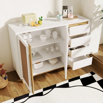 Merax Sideboard mit 4 Schubladen und Rattantüren, Kommode mit verstellbaren Einlegböden, Anrichte, Wohnzimmerschrank