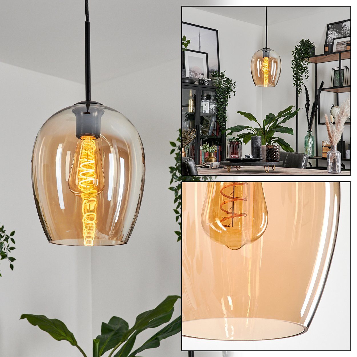 hofstein Hängeleuchte Hängelampe aus Metall/Glas in Schwarz/Bernsteinfarben günstig online kaufen