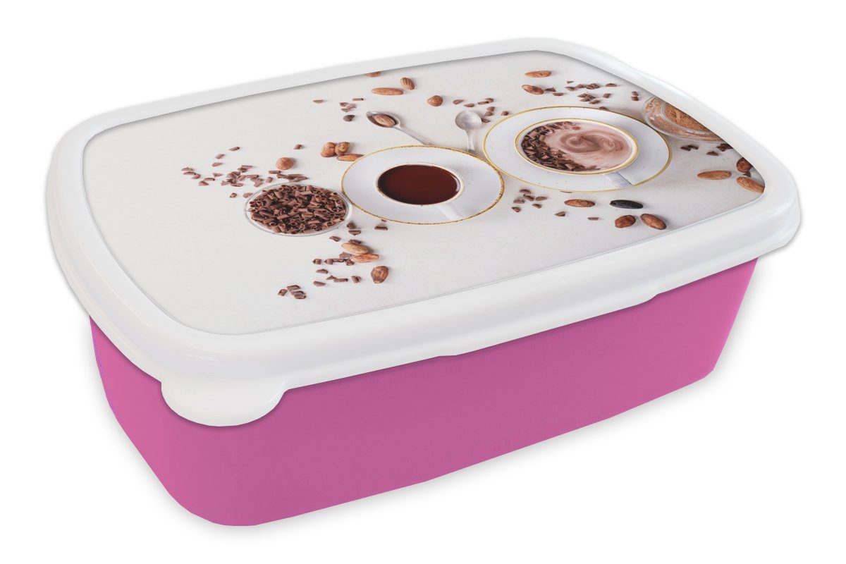 MuchoWow Lunchbox Kaffee - Kaffeebohnen - Schokolade, Kunststoff, (2-tlg), Brotbox für Erwachsene, Brotdose Kinder, Snackbox, Mädchen, Kunststoff rosa