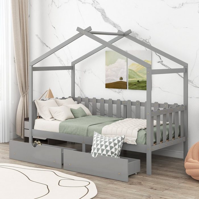 SOFTWEARY Kinderbett Hausbett mit 2 Schubladen und Lattenrost (90x200 cm) Holzbett aus Kieferholz Einzelbett