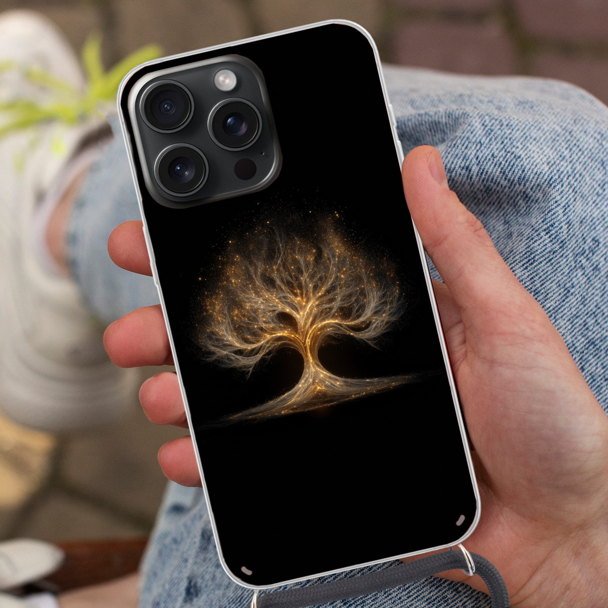 MuchoWow Handyhülle für Apple iPhone 15 Pro Lichter - Baum - Abstrakt - Schwarz, Tragbare Handyhüllen mit Kette zum umhängen, Handykette Handyband