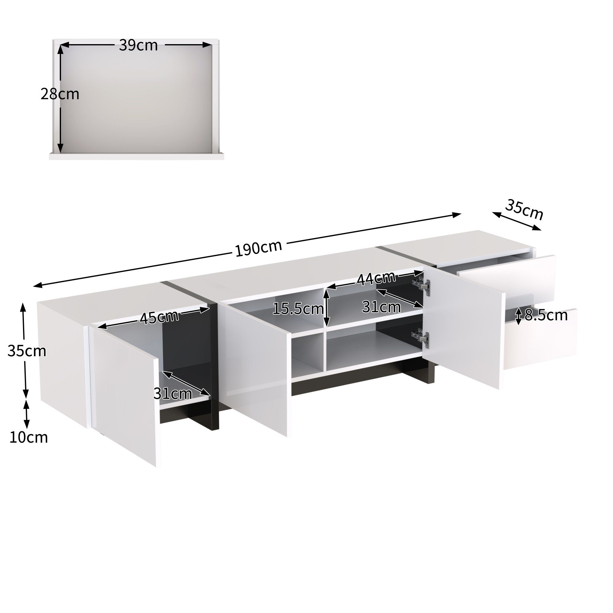 Fernsehschrank Türen und Weiß 190cm, TV-Lowboards Schrank (mit TV-Tisch TV TV-Schrank Schubladen) SPLOE Breite HAUSS Hochglanz,