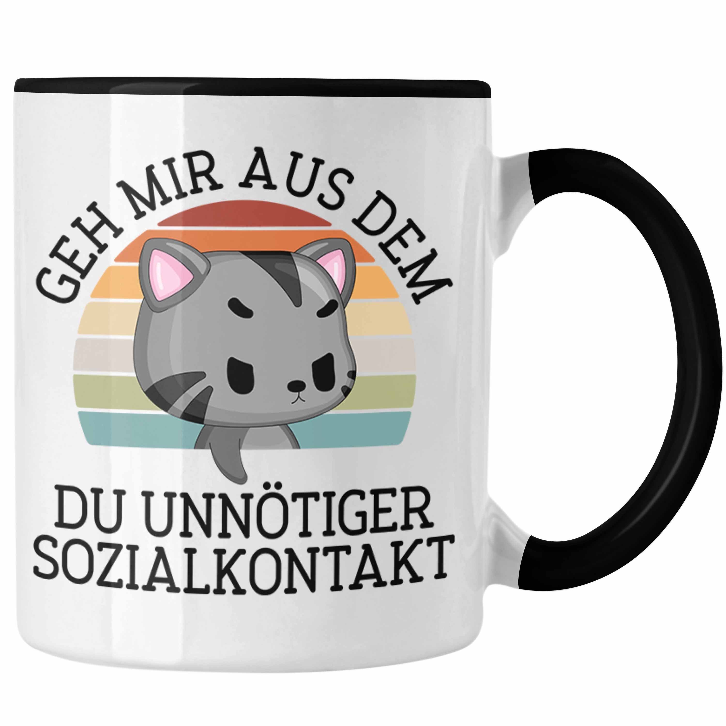 Trendation Tasse Trendation - Lustige Tasse Geh Mir Aus Dem Weg Du Unnötiger Sozialkontakt Geschenk Katze Witzige Tasse für Frauen Männer Schwarz