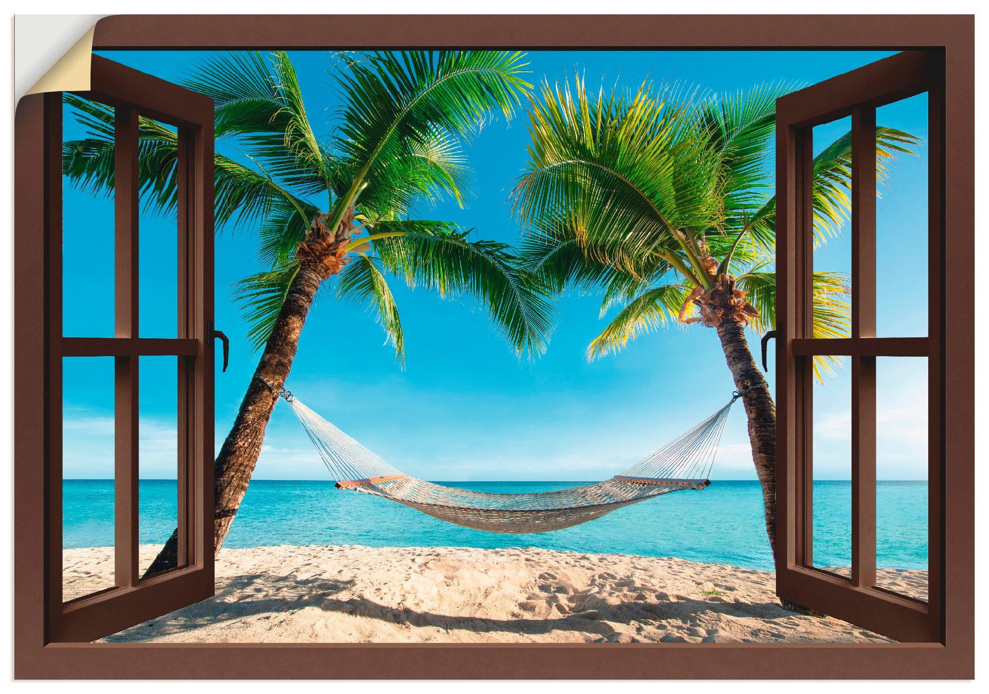 Artland Wandbild Fensterblick Palmenstrand Karibik, Amerika (1 St), als Alubild, Leinwandbild, Wandaufkleber oder Poster in versch. Größen