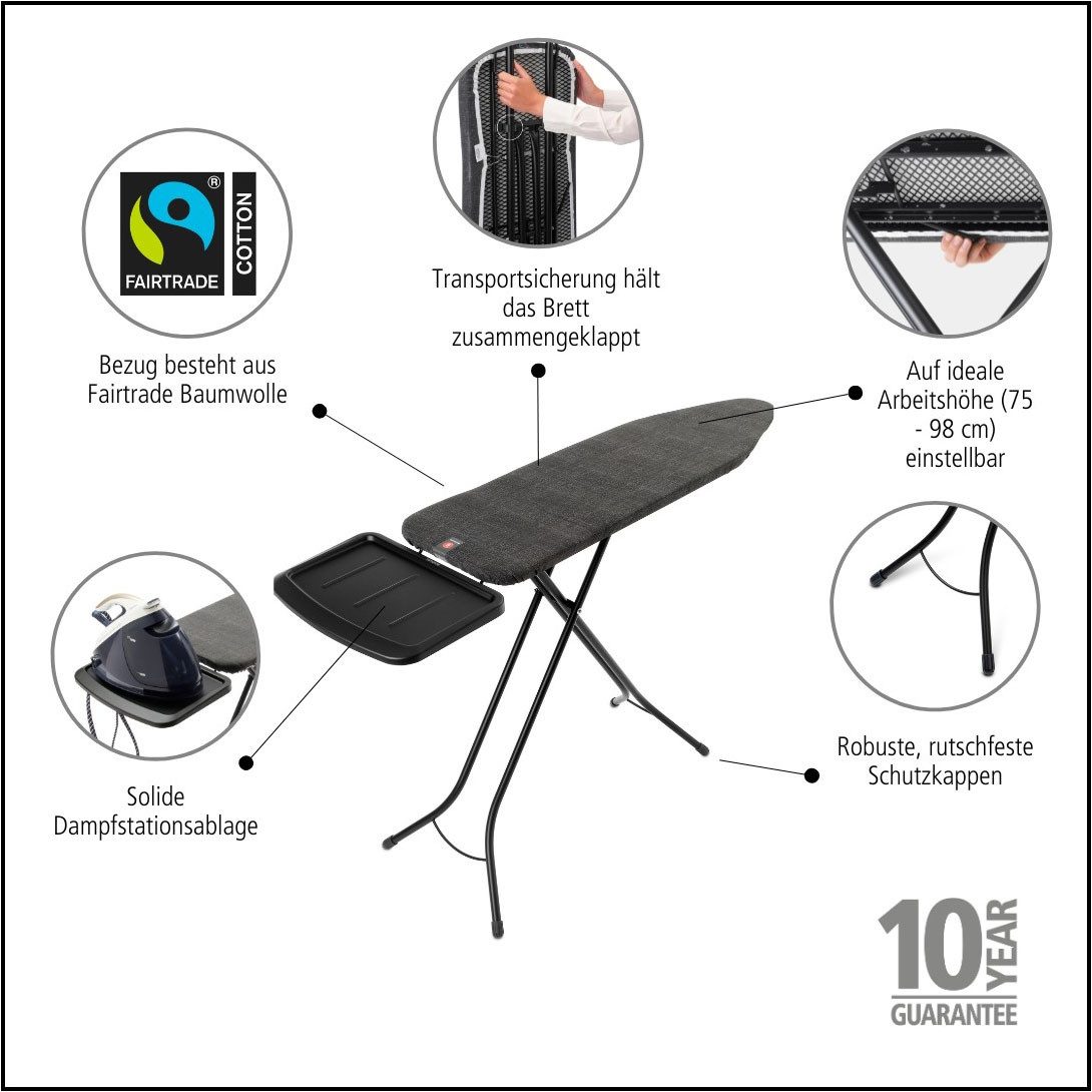 Brabantia Bügelbrett Bügeltisch B, 124 x 38 cm, Dst-Ablage Solide, Bügelfläche 124x38 cm, Fairtrade-zertifiziert
