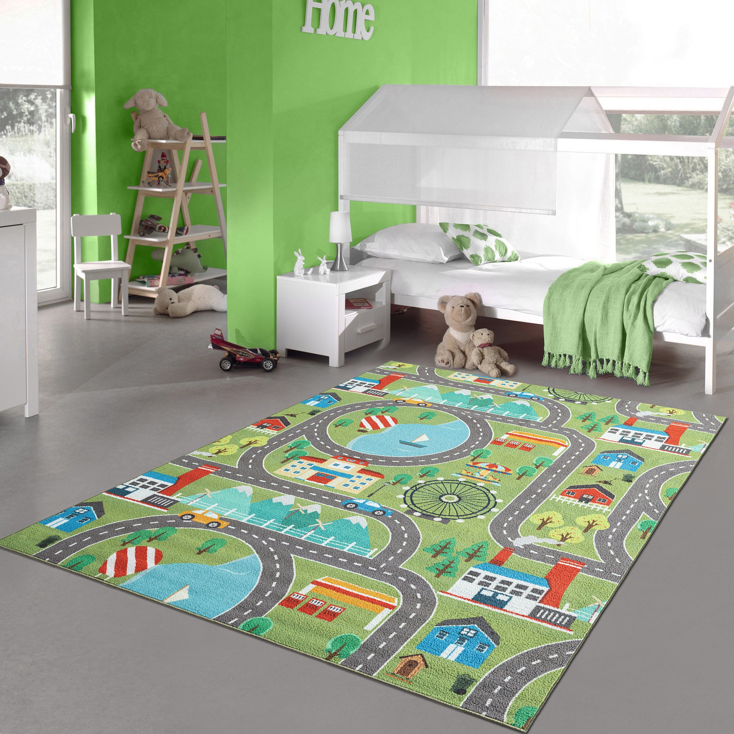 Kinderteppich Kinder Spielteppich mit Stadtlandschaft auf Wiese in grün, Teppich-Traum, quadrat, Höhe: 7 mm