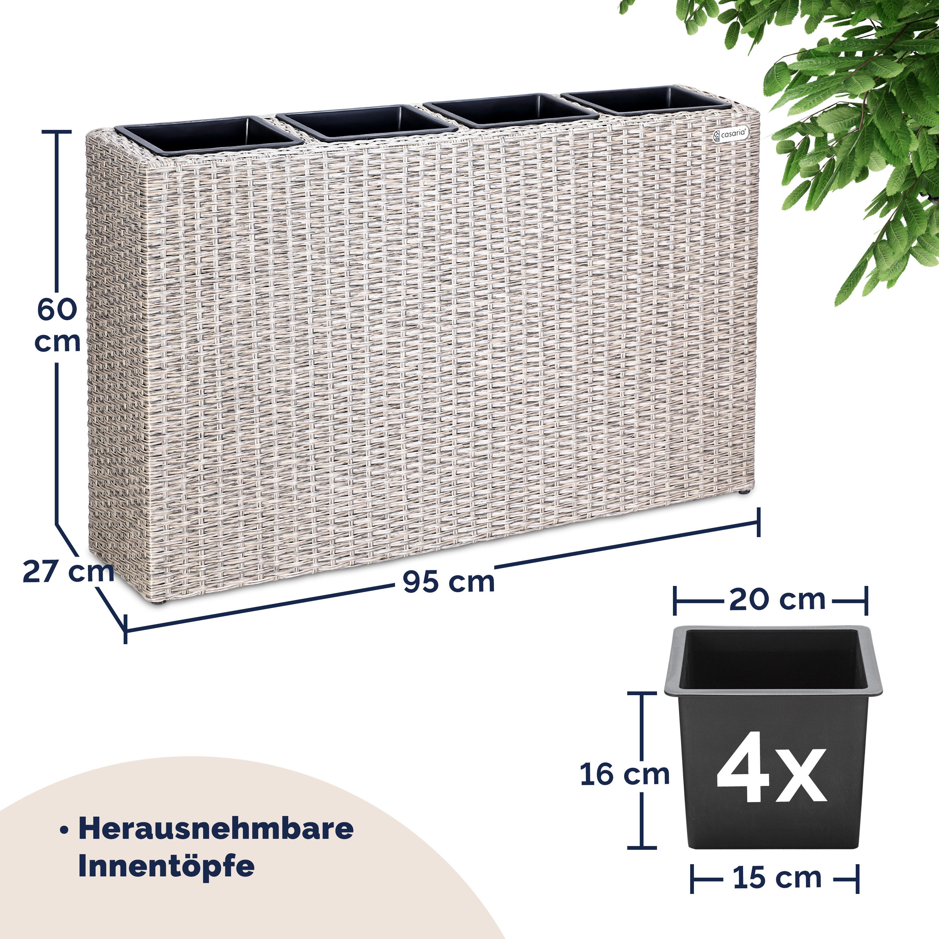 Casaria Pflanzkübel, 4 Innentöpfe Herausnehmbar Polyrattan 95x27x60cm Blumentopf Creme