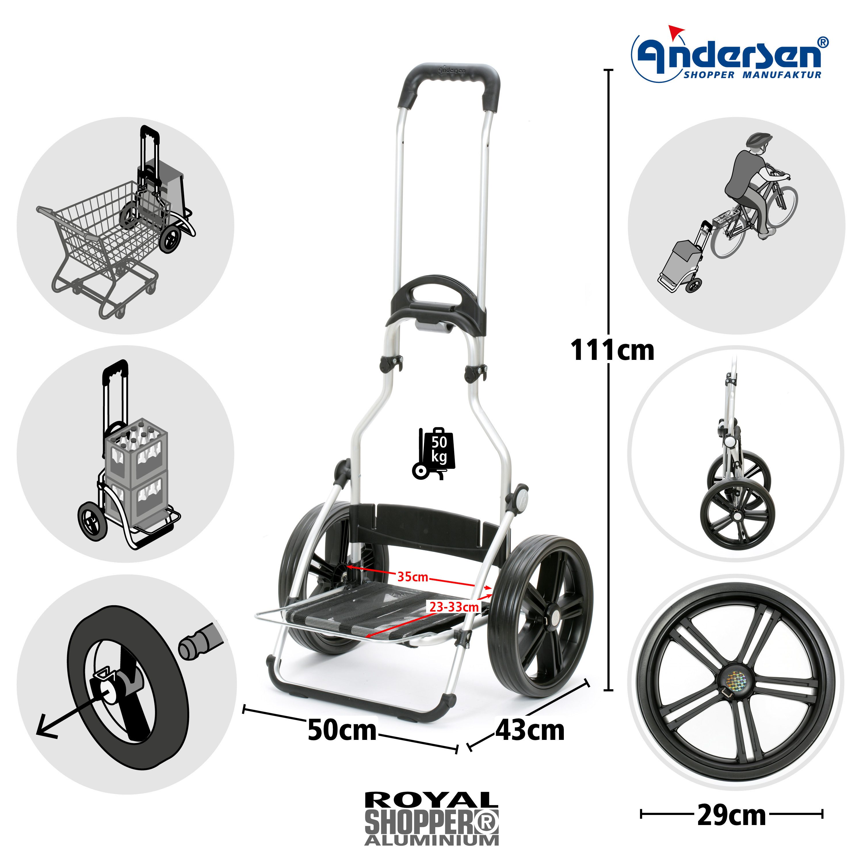 Andersen Einkaufstrolley Royal Shopper m. 29cm kugelgel. Flüsterrad, klappbare Ladefläche, belastbar bis 50kg