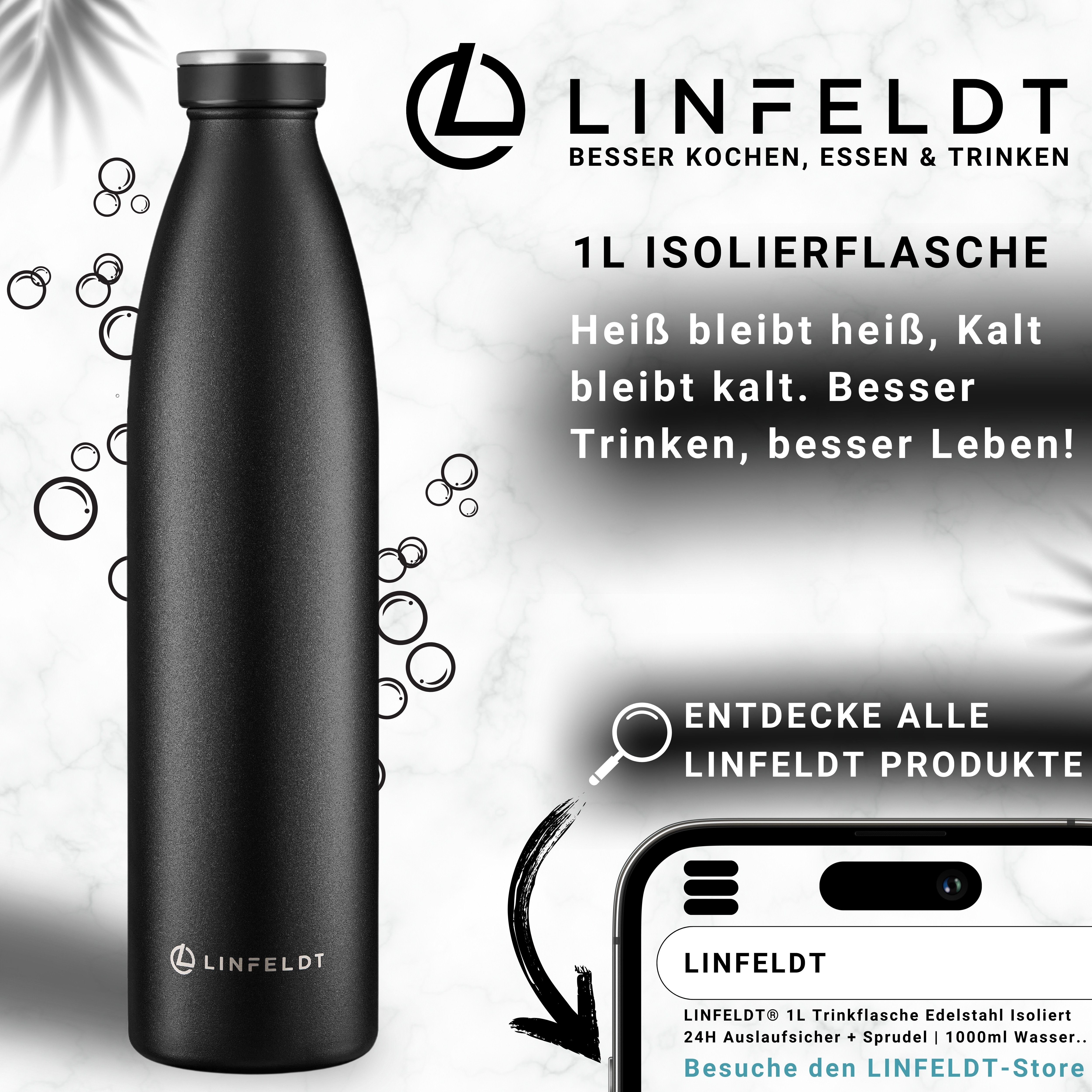 Sprudel, LINFELDT Edelstahl Isoliert Schwarz Trinkflasche Trinkflasche Edelstahl 24H + (Kohlensäure Auslaufsicher geeignet) 1L