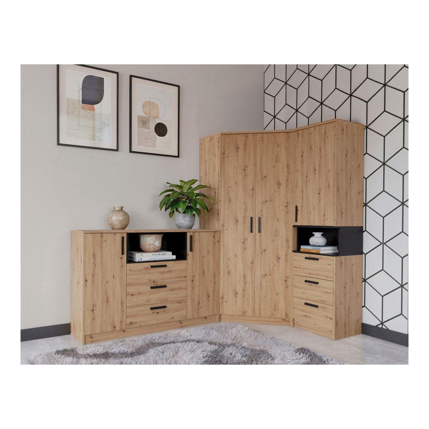 Marmex Möbel Schrank-Set Grant Set 38 A Schlafzimmer Set Jugendzimmer Garderobe, (3-St., Soft-Close-Scharniere, Vollauszug der Schubladen), Kabeldurchführung