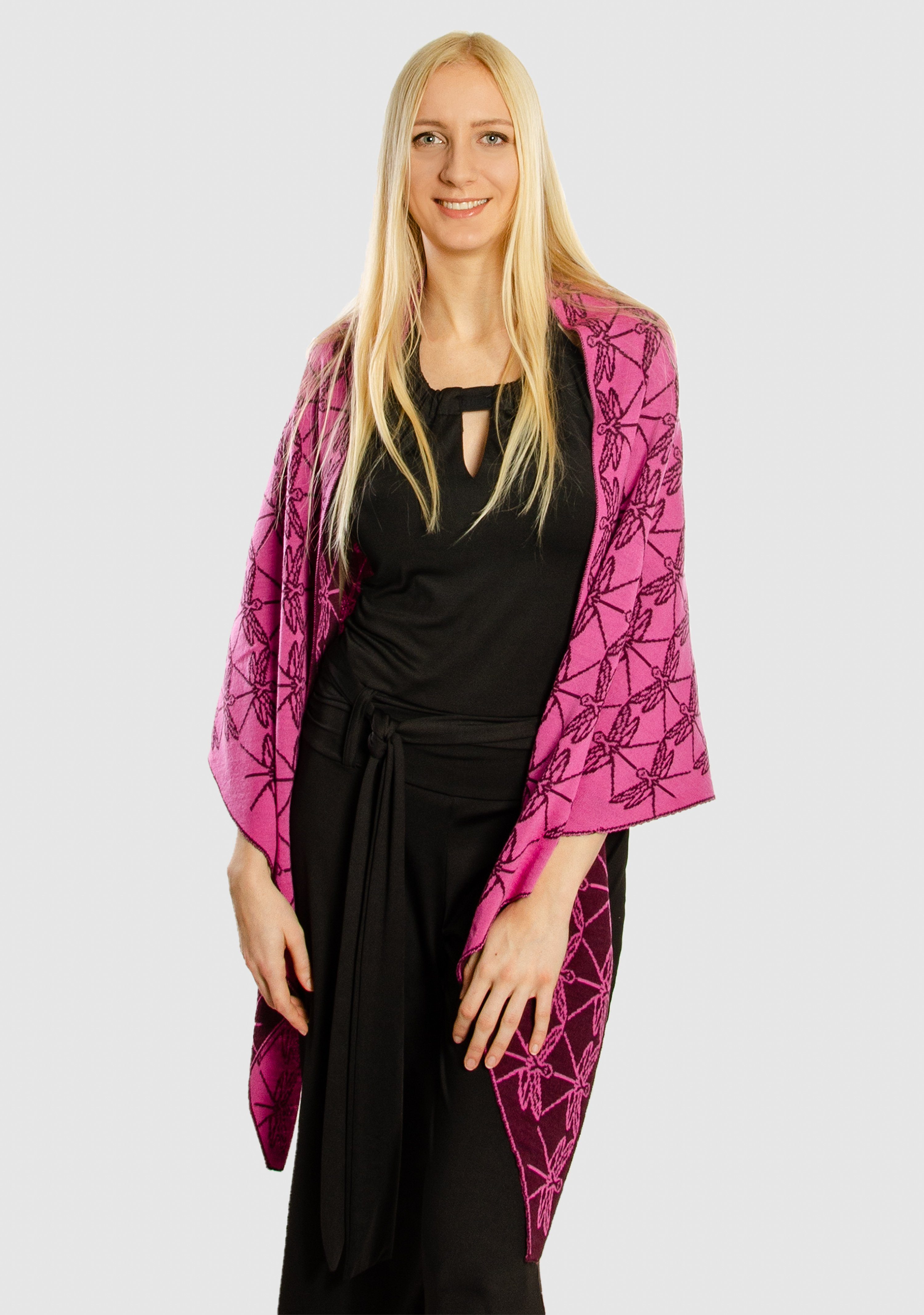 LANARTO slow fashion Modetuch Schultertuch 100% zweifarbig purpur_pink Merino Libelle extrasoft