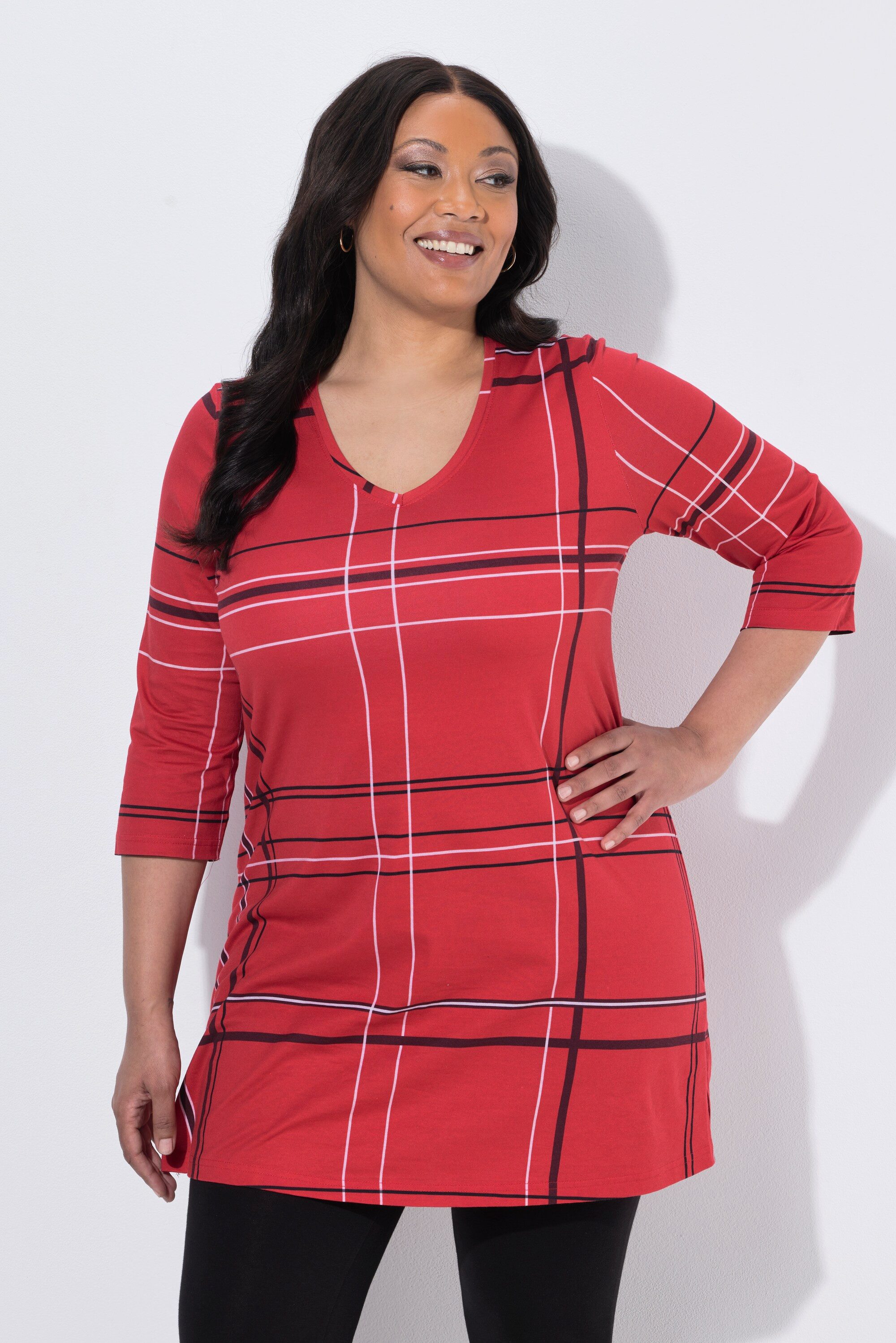 Ulla Popken Longshirt Longshirt Karomuster V-Ausschnitt 3/4-Arm