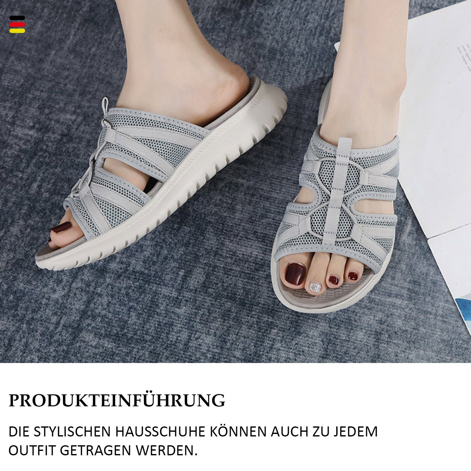 Grau MAGICSHE Lässige Sandalen Flache Bequem Strand-Sandalen, Pantolette Damen lässig