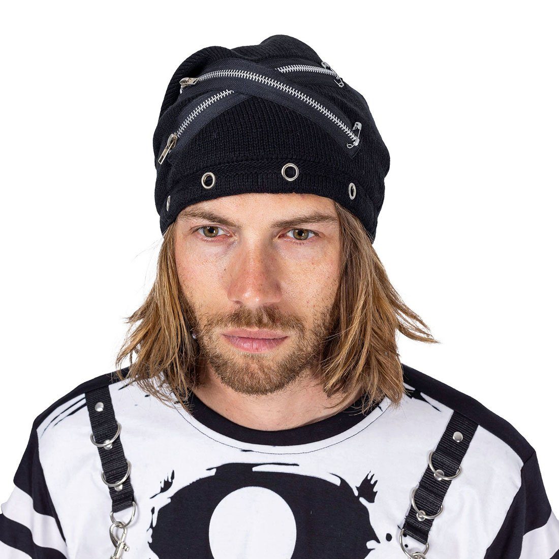 Heartless Beanie Ditch Hat Schwarz Punk Zips Gothic Nieten Reißverschluss Ösen