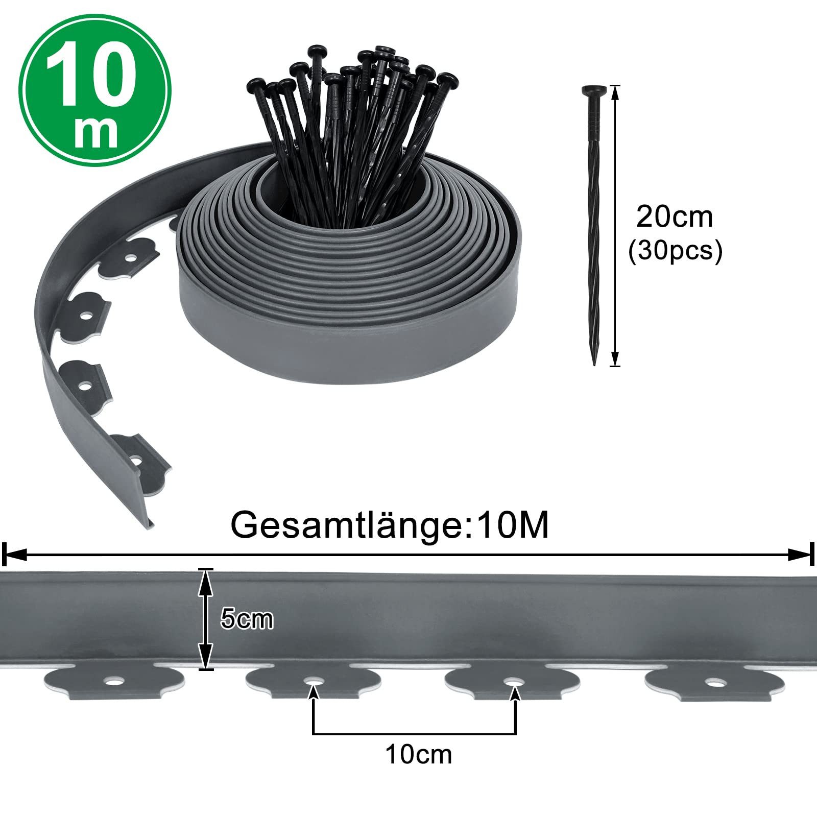 FIVMEN Beetumrandung Rasenkante Kunststoff 20m Flexible mit 60 Befestigungsnägeln, Beeteinfassung, Schwarz/Grau/Grün – Bild 2 von 5