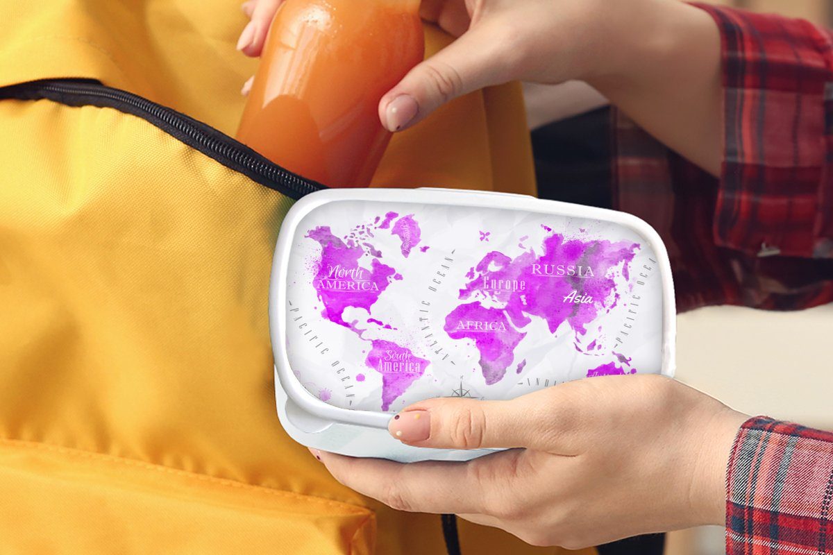 Brotbox Kinder Ölfarbe, weiß - Mädchen - Erwachsene, Lunchbox Rosa MuchoWow für und und für Weltkarte Jungs (2-tlg), Brotdose, Kunststoff,