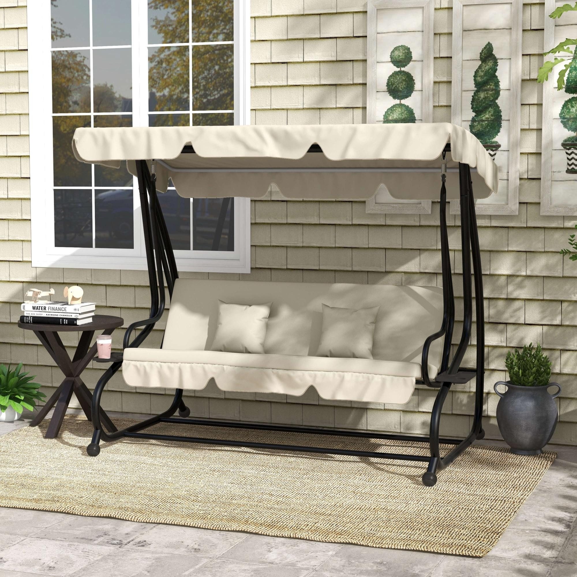 Outsunny Hollywoodschaukel mit verstellbarem Dach, Seitenklapptisch, wasserabweisend, 3-Sitzer, Liegefunktion, 3-Sitzer Gartenschaukel, 1 tlg., Schaukelbank mit Liegefunktion, belastbar bis 340kg, für Garten, 200 x 120 x 164cm, Cremeweiß
