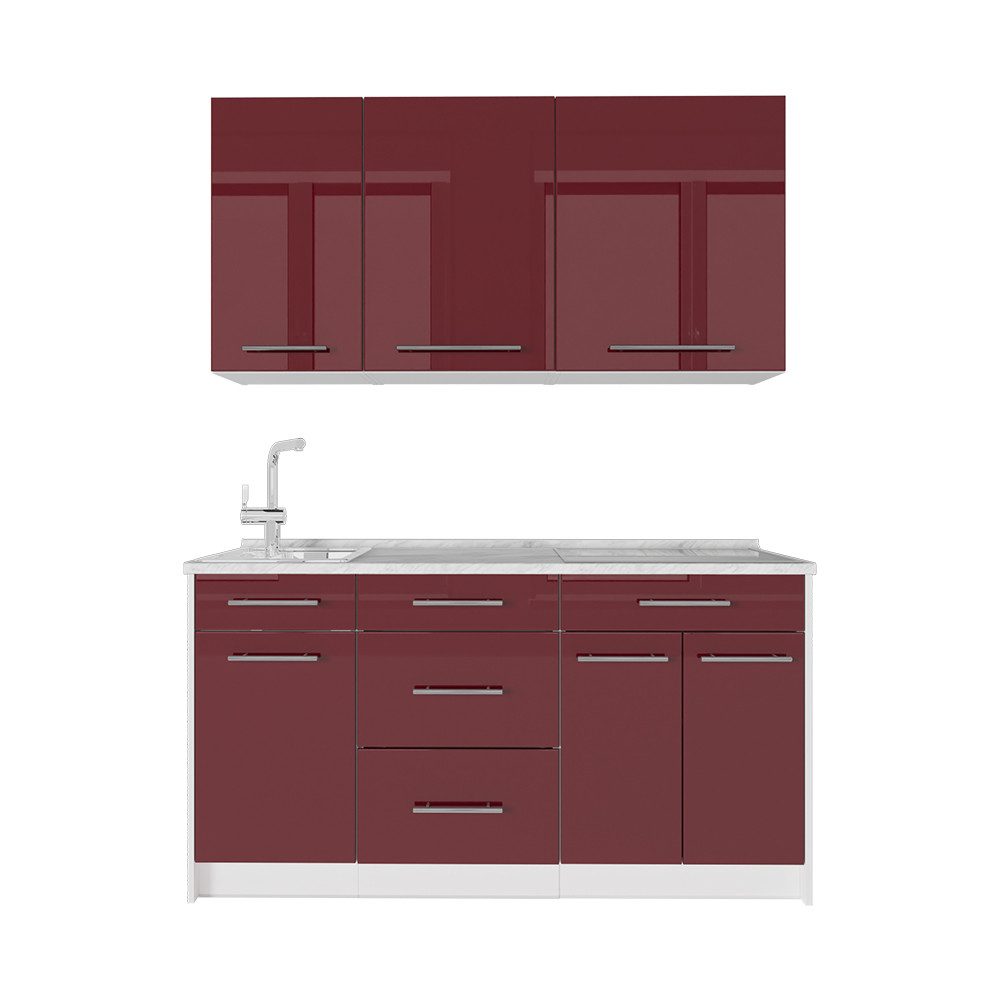 Vicco Küchenzeile Fame-Line, Bordeaux Hochglanz/Weiß, 150 cm, AP Marmor