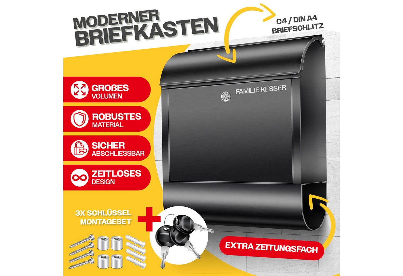 Thumbnail - KESSER Briefkasten, Wandbriefkasten aus Edelstahl mit Zeitungsfach gebürstet 3x Schlüssel