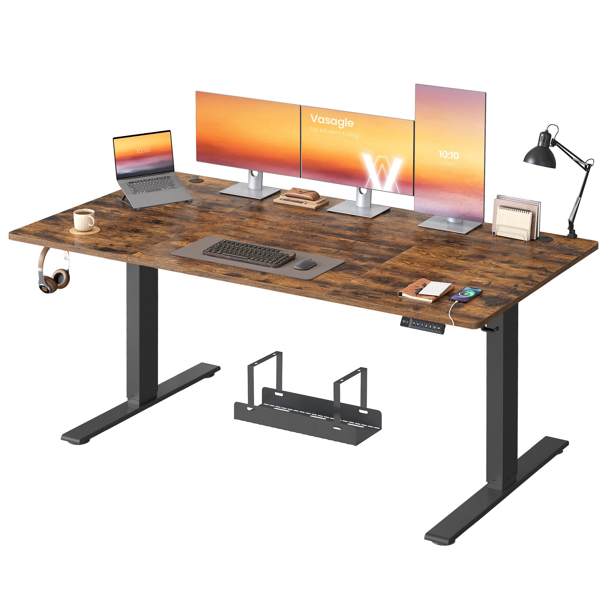 VASAGLE Schreibtisch Höhenverstellbarer, USB-C-Anschluss, Erinnerung bei langem Sitzen, Ablage für Steckdosenleiste, 3 Speichertasten, 140/160/180cm