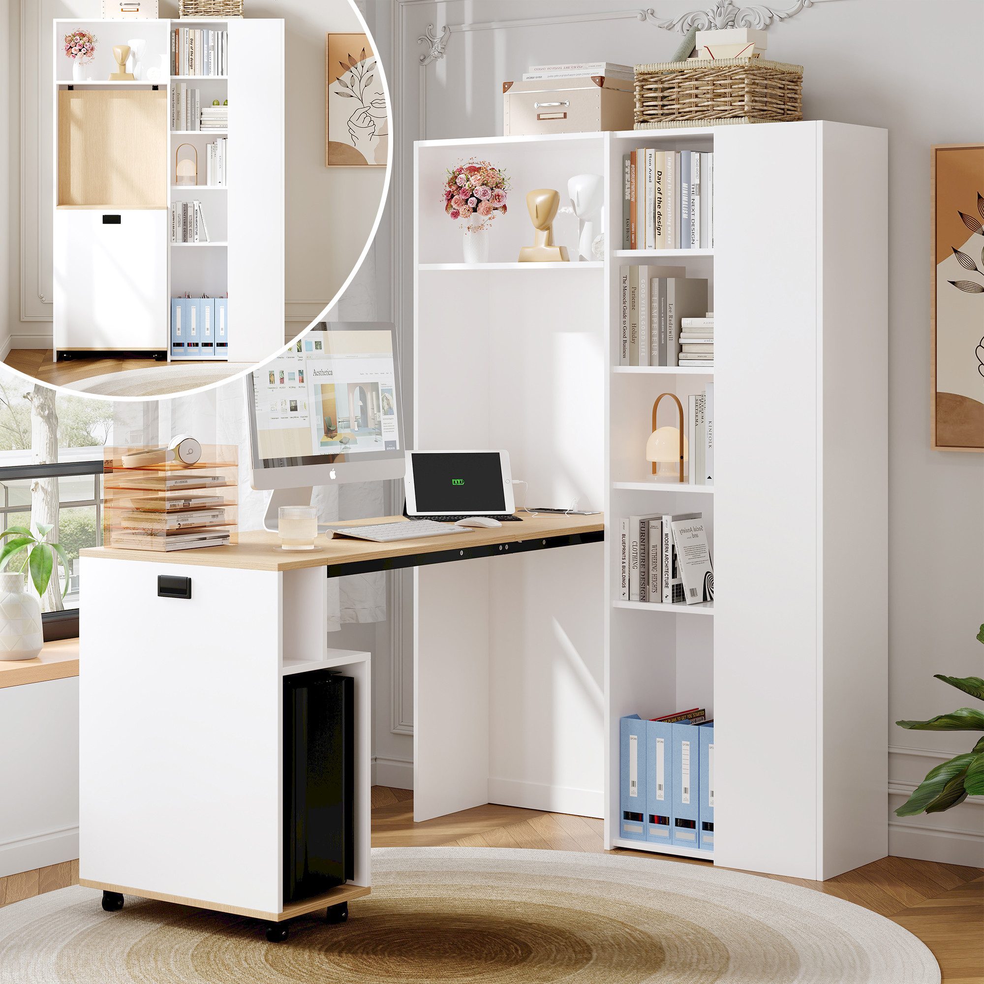 Merax Schreibtisch Klappbarer Schreibtisch mit Regal, 2-in-1 Bücherregal & Computertisch (Set, 1-St., mit Steckdose, USB, Höhenverstellbare Ablagen), 104,5×30,5×160 cm