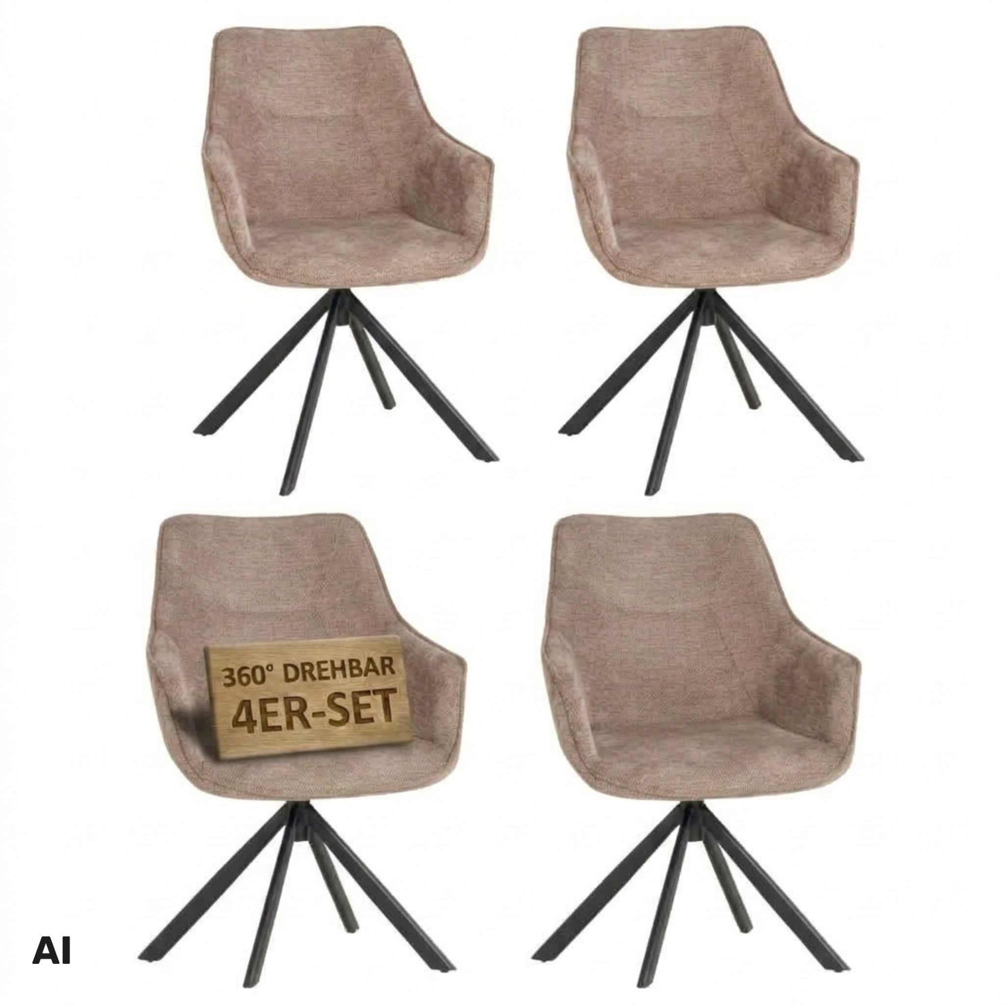 MR.DEKO Esszimmerstuhl Polsterstuhl 4er Set drehbar San Carlo Braun Loungesessel mit Lehne (Armlehnenstuhl, 4 St), 360° Drehfunktion, robustes Metallgestell & strukturierter Stoff