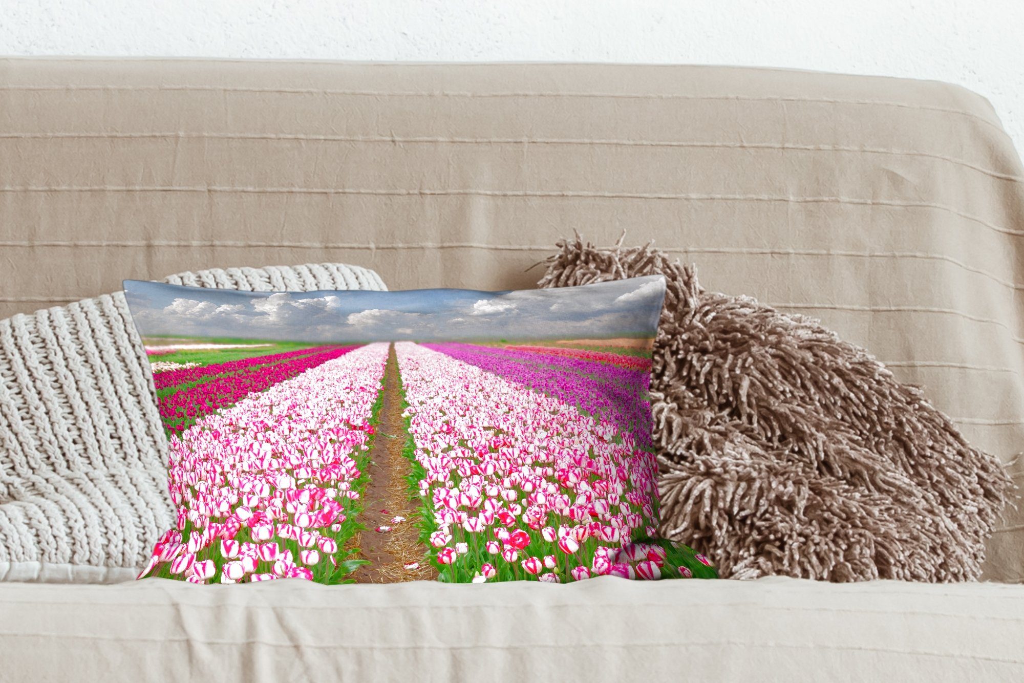 MuchoWow Dekokissen Wohzimmer - Zierkissen, Füllung, Dekoration, Tulpen Dekokissen Frühling, mit - Schlafzimmer Sonne