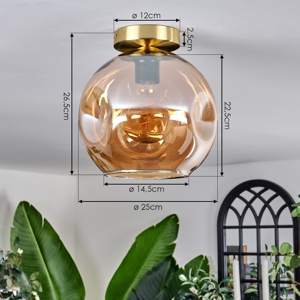 hofstein Deckenleuchte Deckenlampe aus Metall/Glas in Schwarz/Goldfarben/Bernsteinfarben, ohne Leuchtmittel, moderne Leuchte mit Schirm aus Glas (25cm), 1xE27,  – Bild 4 von 5
