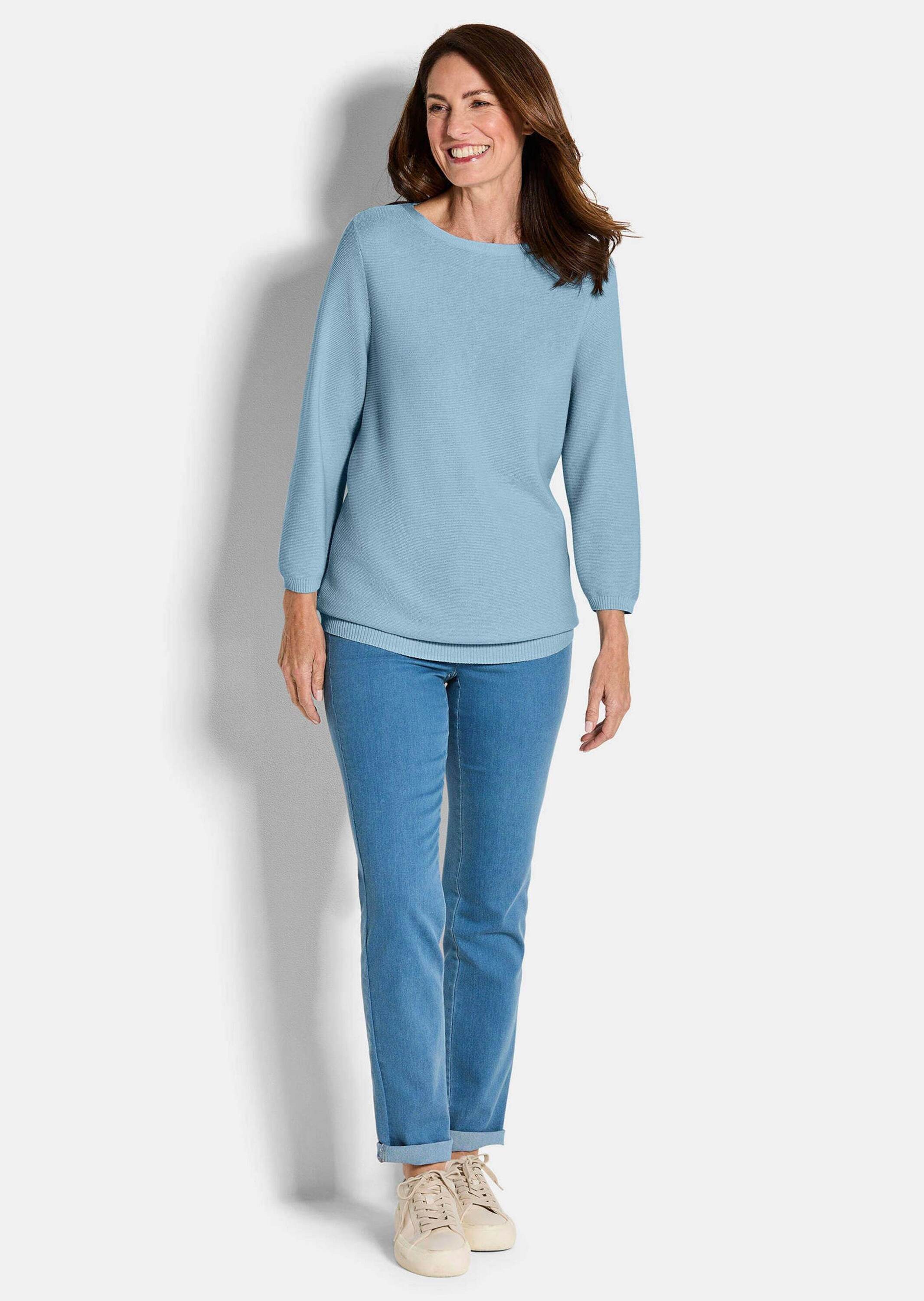 GOLDNER Strickpullover Kurzgröße: Eleganter Baumwollpullover, Halbarm Leichter Feinstrickpullover mit U-Boot-Ausschnitt