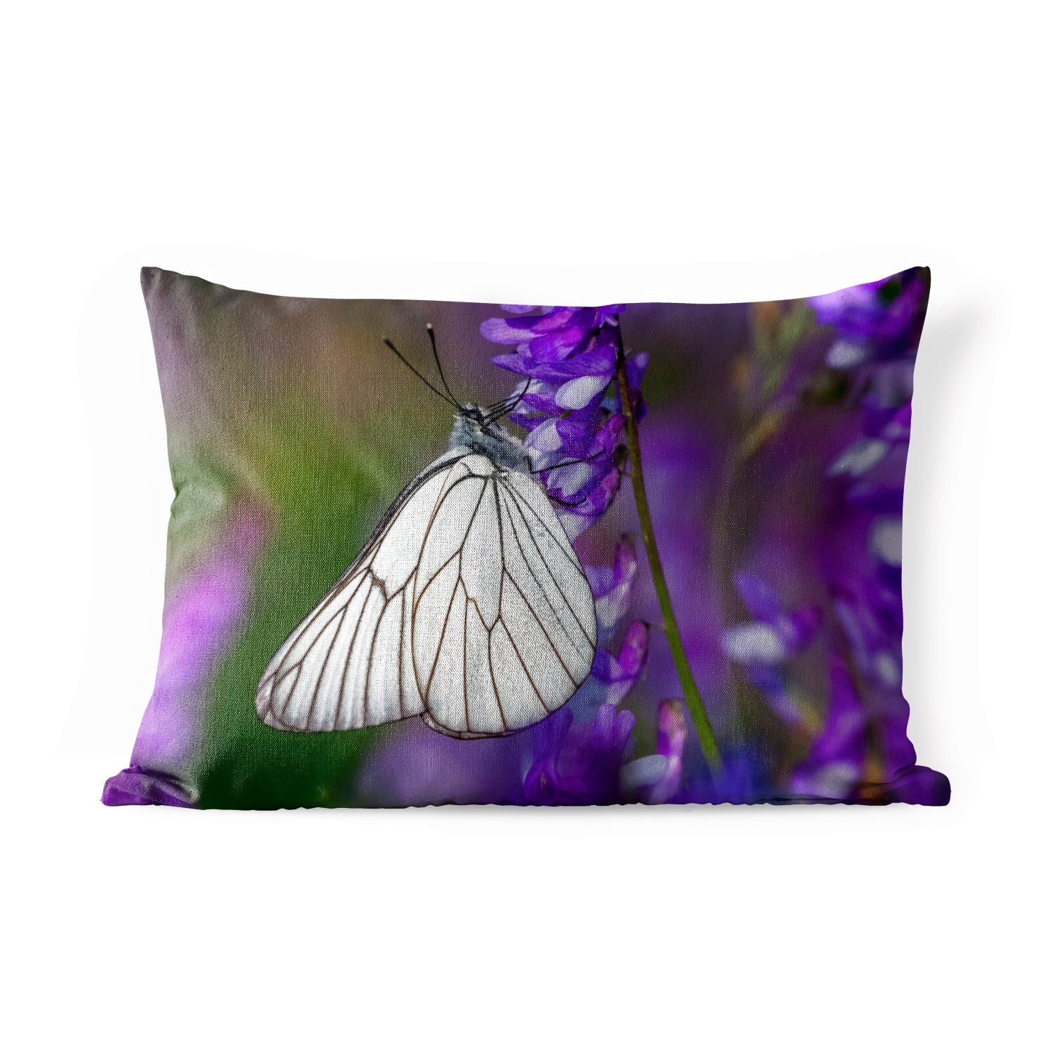 MuchoWow Dekokissen Schwarzgeäderter weißer Schmetterling auf einer Blüte, Outdoor-Dekorationskissen, Polyester, Dekokissenbezug, Kissenhülle