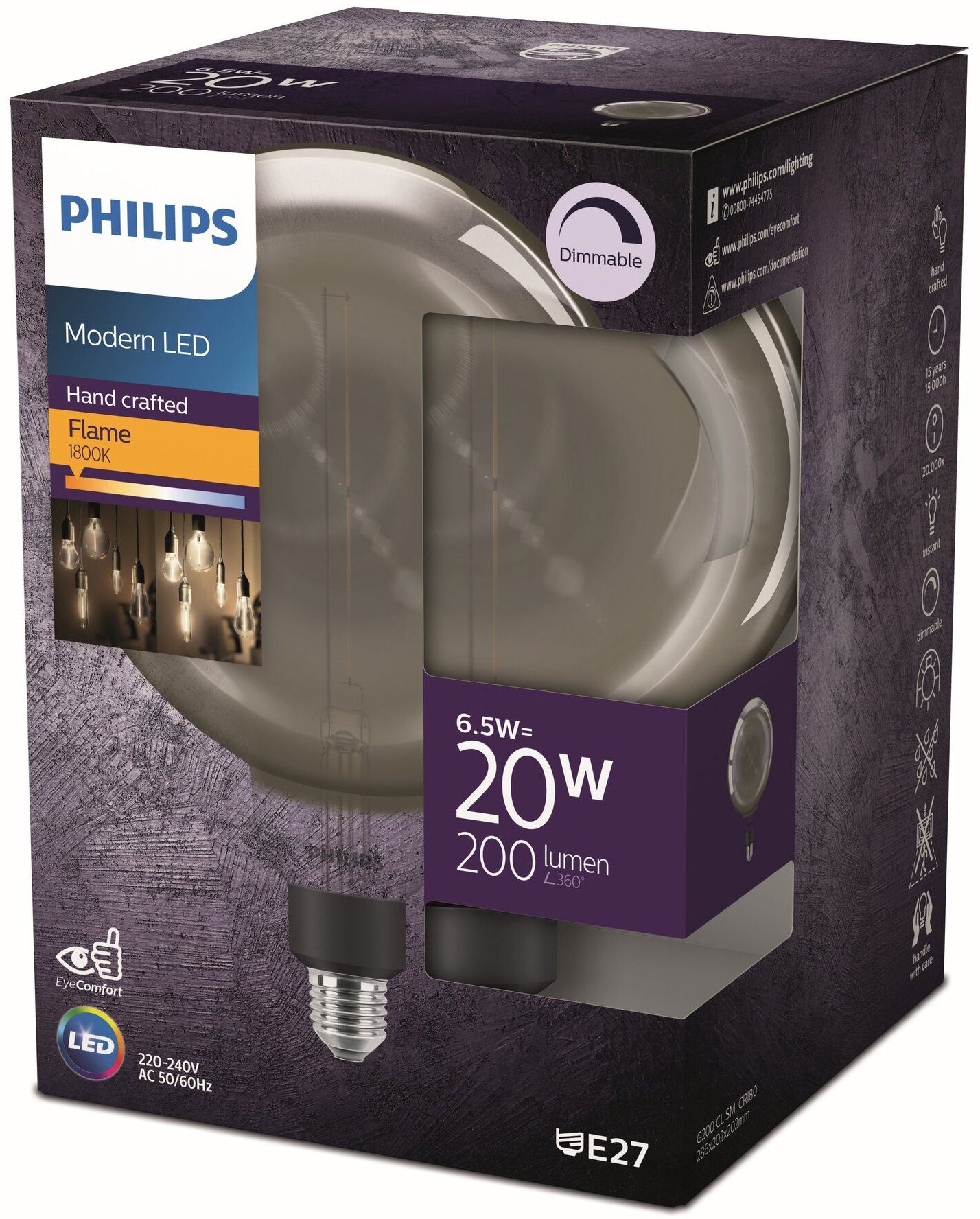 Philips LED 1er Vintage, E27, St., Warmweiß, 25W Lampe XL-Globe E27 dimmbar 1 smoky LED-Leuchtmittel
