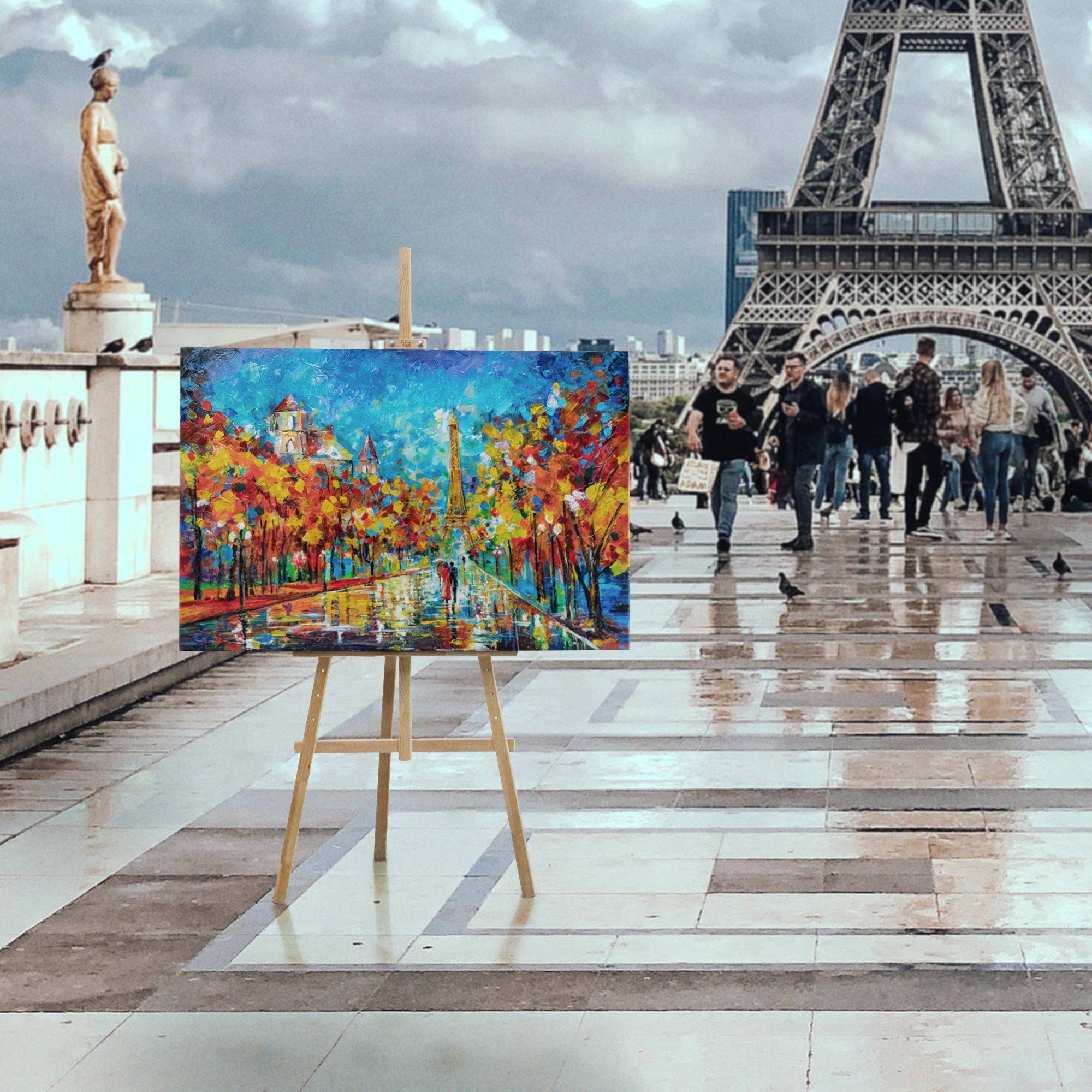 in im Park Gemälde Paris Frankreich Nachts Bild Handgemalt Schattenfugenrahmen Menschen, Eifellturm YS-Art Paris, Ohne Leinwand