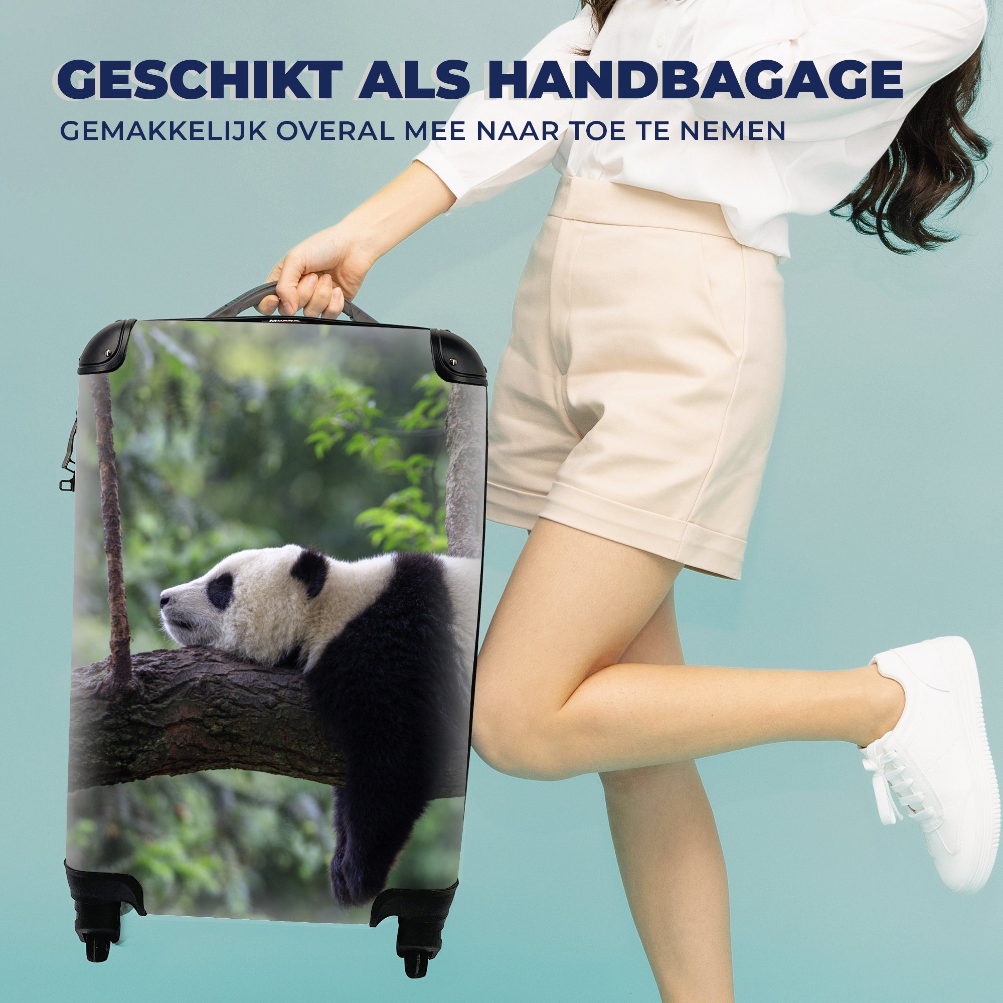 Handgepäck Tiere Natur, Panda Rollen, mit Handgepäckkoffer Ferien, für 4 Reisekoffer Trolley, Baum - rollen, - Reisetasche - MuchoWow