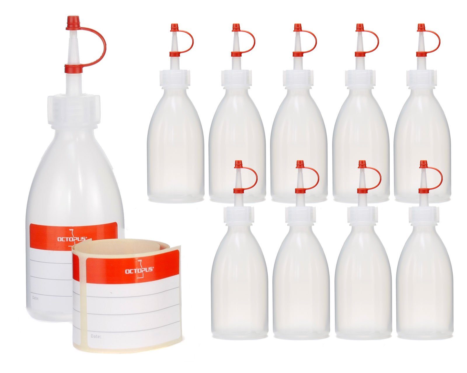 OCTOPUS Kanister Plastikflaschen 100 ml aus LDPE, natur, G18, Tropfverschluss, rotes (10 St)