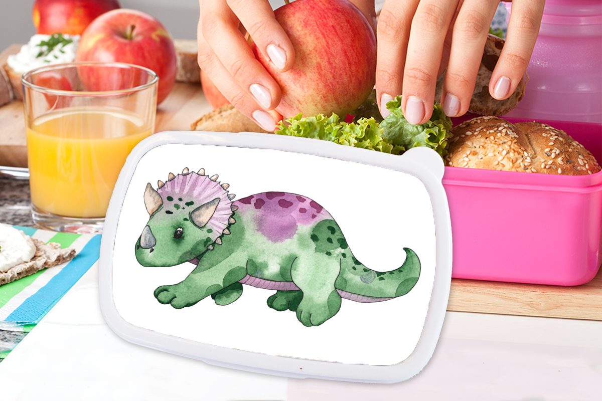 - (2-tlg), Grün Mädchen Kinderzimmer Dinosaurier Kunststoff Jungen Mädchen, Snackbox, - Brotbox MuchoWow - Kinder, Kinder, - Erwachsene, rosa für Brotdose Lunchbox - Kunststoff,