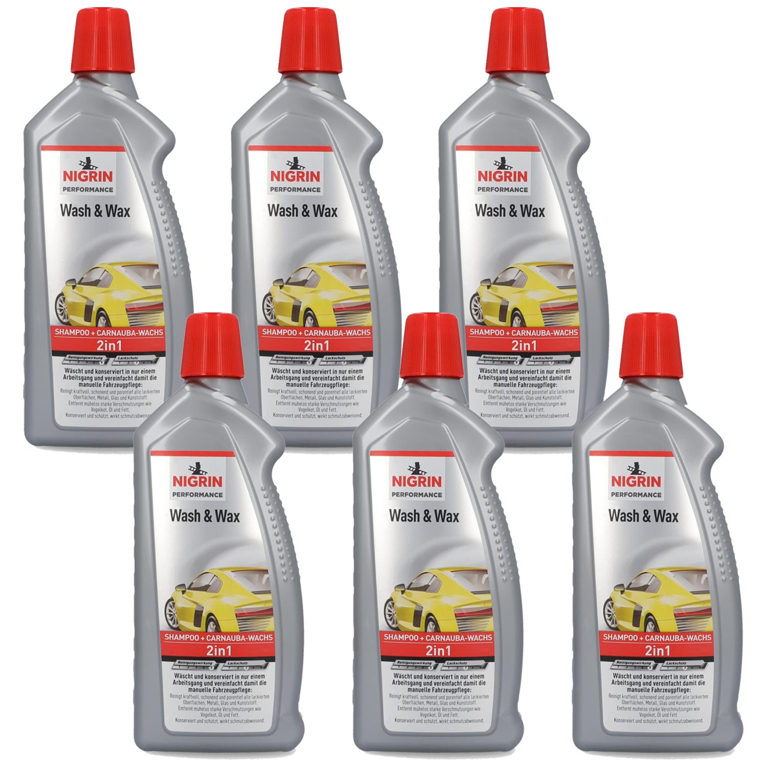 NIGRIN 6x Performance 2in1 Wasch & Wax 1L Auto-Wäsche Autoshampoo (6-St. 6x 1L Flasche Auto-Shampoo Wachs Wax Lack-Versiegelung Pflege Metall Kunststoff)