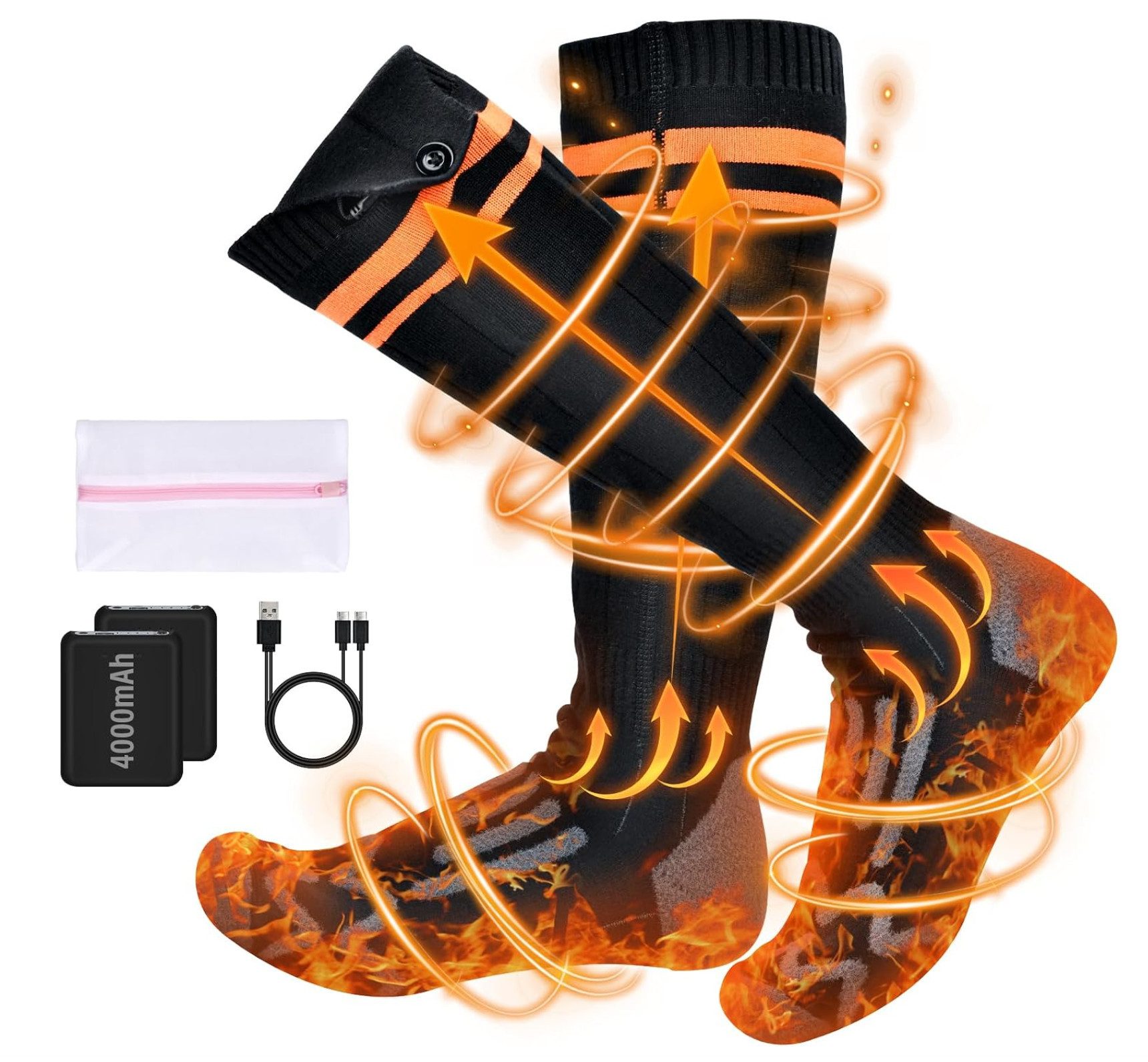 TSE Thermosocken Beheizbare Thermo-Socken mit vier Heizstufen, Unisex, Größe 36 bis 44 (Set, Socken Paar, inkl. Akku´s und Sockennetz für …