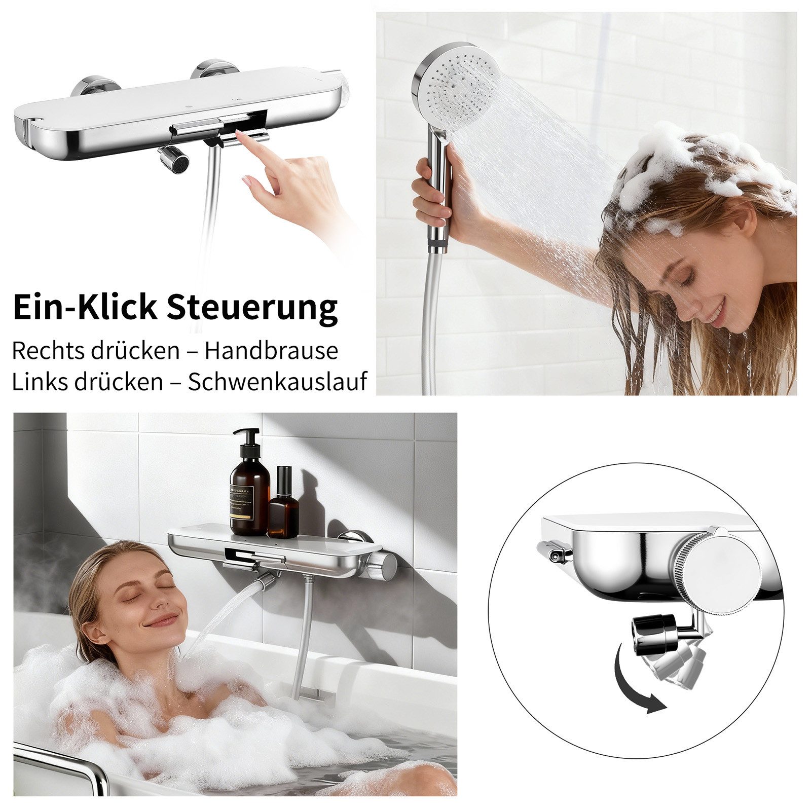 DESFAU Brausegarnitur Badewannenarmatur mit Ablage 370 mm und 3-Funktions-Handbrause, 2-Wege Umschaltung, schwenkbarer Auslauf, PVC-Schlauch 1500 mm – Bild 5 von 5