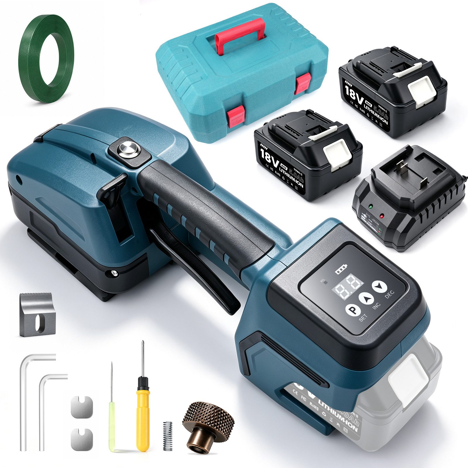 XERSEK Elektrowerkzeug-Set 3500N Elektrische Umreifungsmaschine Umreifungsgerät mit 2×5Ah Akku, Set, 10-tlg., 10Gang mit Digitaldisplay für 10-16mm PET/PP Umreifungsband, Packwerkzeug für Boxen und Paletten