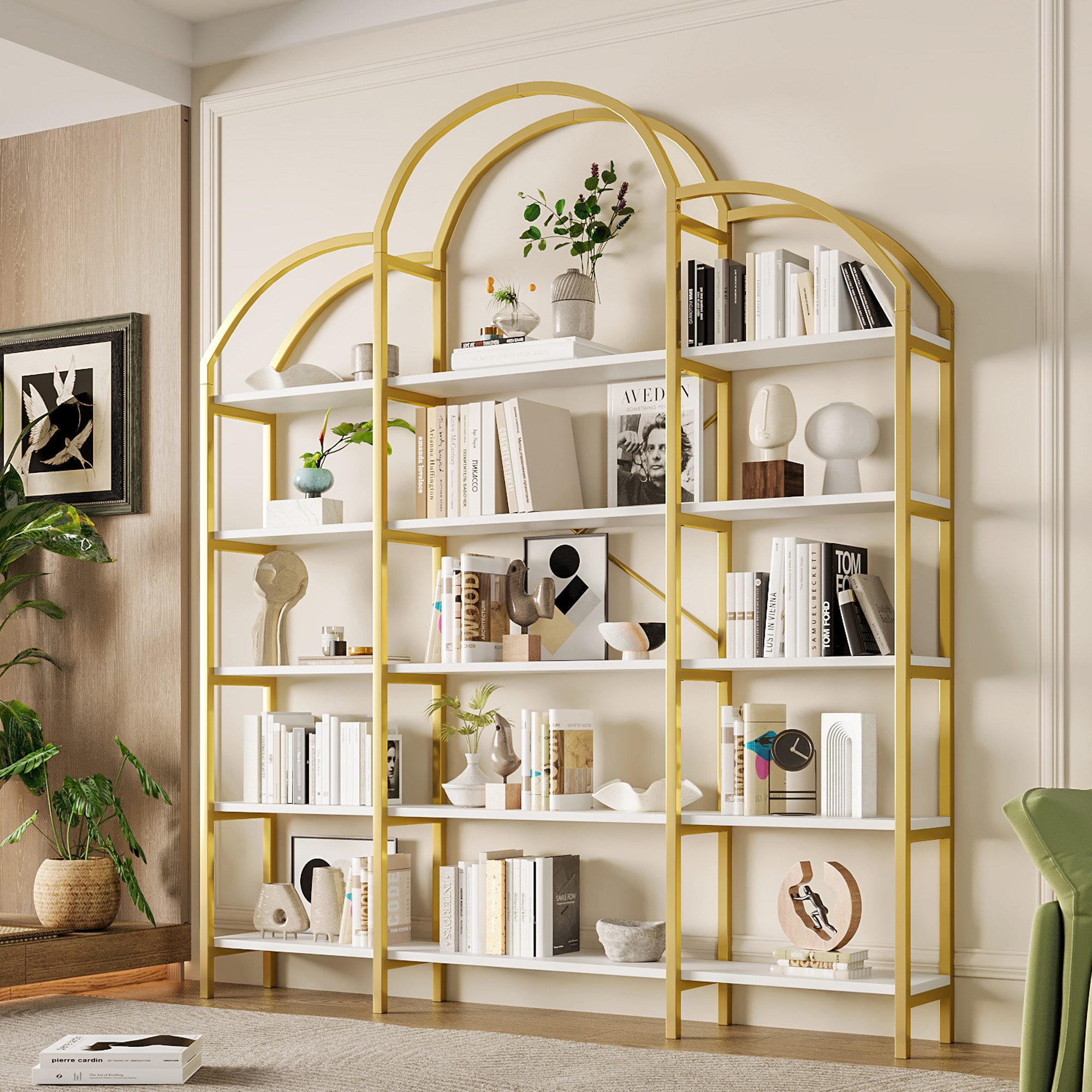 STILVORA Bücherregal Gold 170 x 26 x 190 cm Bücherschrank Metallregal Wohnzimmer für Bücher, Regal mit 5 Schichten, Gold + Weiß, stabile Stahlrohr-MDF-Konstruktion, Wolkenform-Design.