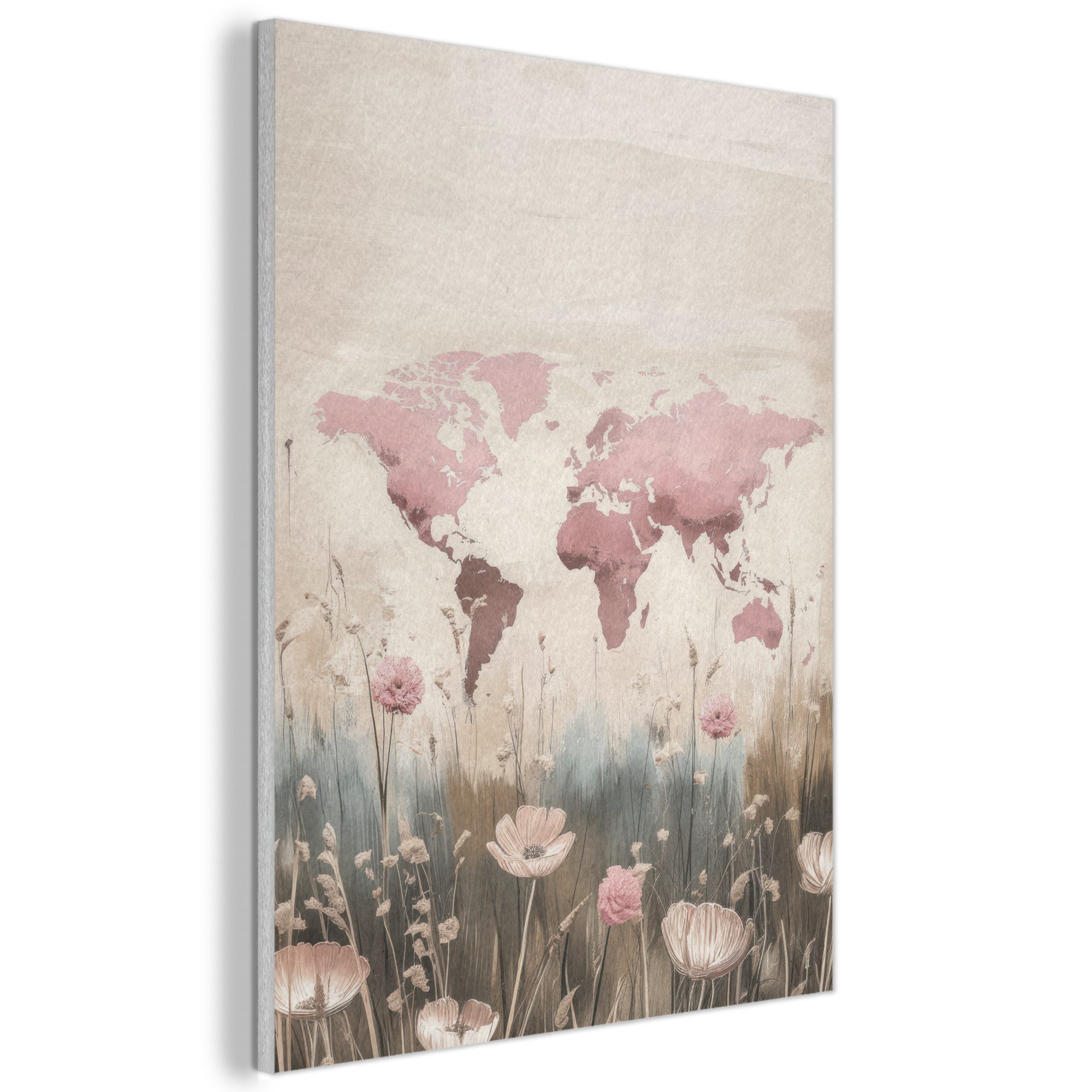 MuchoWow Gemälde Weltkarte - Rosa - Blumen, Fotodruck (1 St), Akustikpaneele, Wandpaneele, Schalldämmung, Akustikbilder 30x40 cm